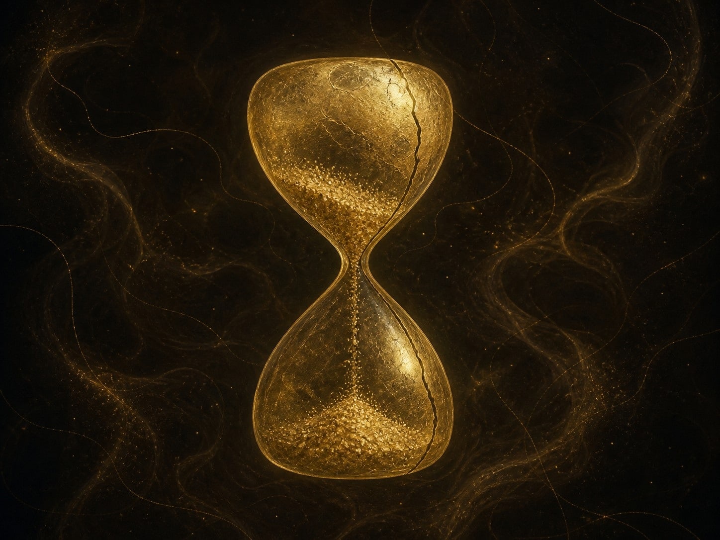 A cracked gold hourglass with grains drifting between its two chambers floats in a warm dark haze.