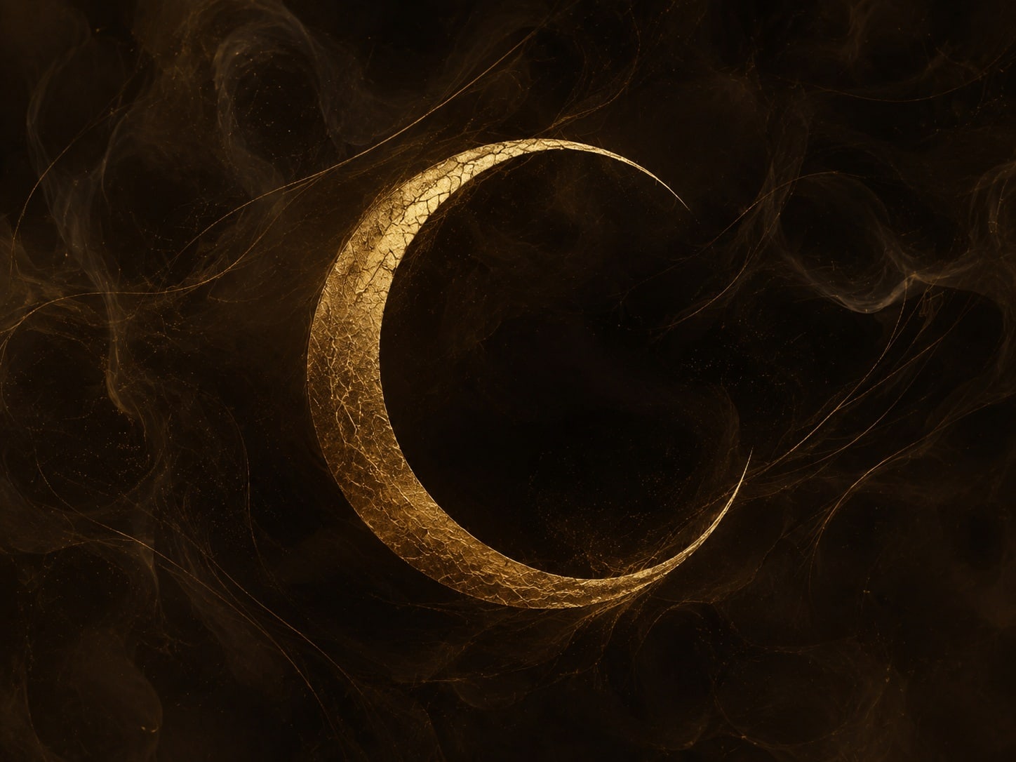 A slender gold crescent with fine hairline cracks floats in warm dark haze.