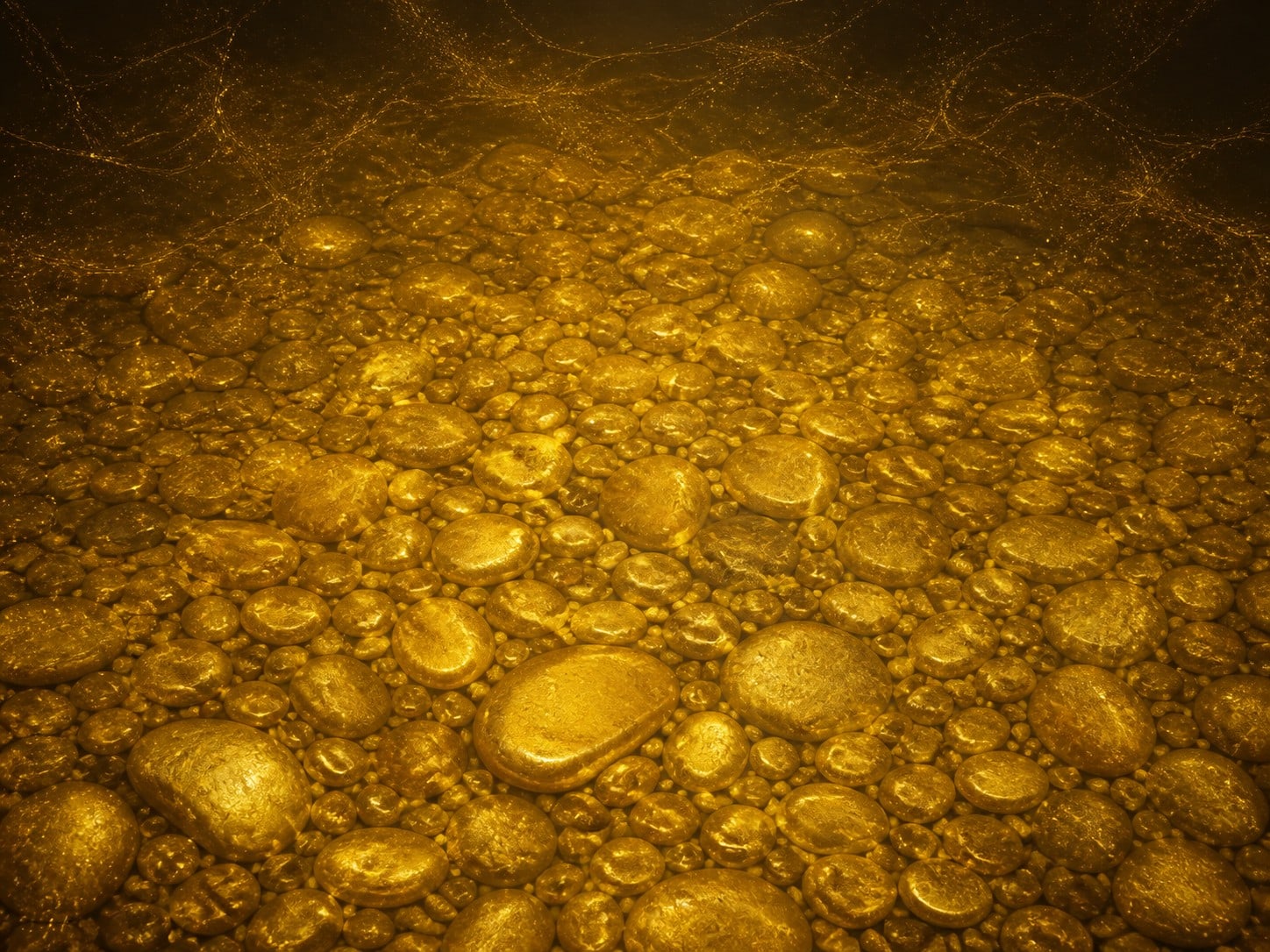 Smooth rounded gold stones are clearly visible beneath still transparent amber-gold water.