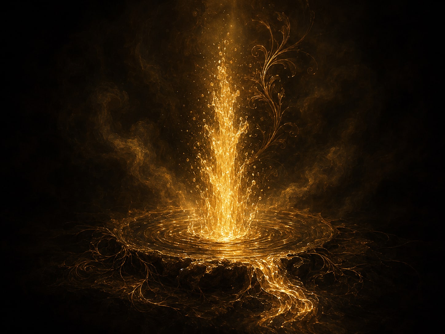 A clear gold spring welling up out of darkness in a soft rising column of luminous water.