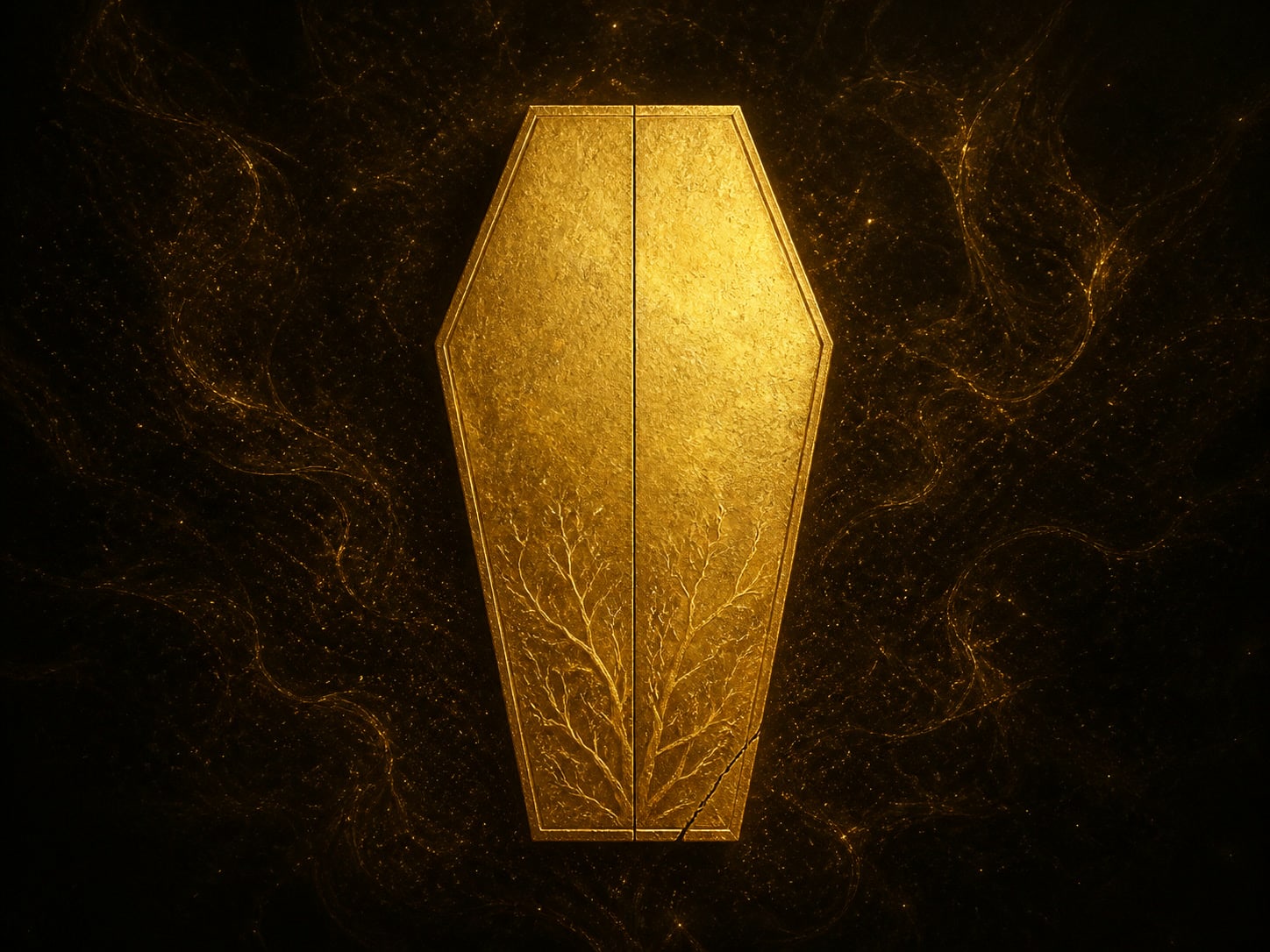 A hexagonal gold coffin with a vertical seam and a fine branching crack near its base.