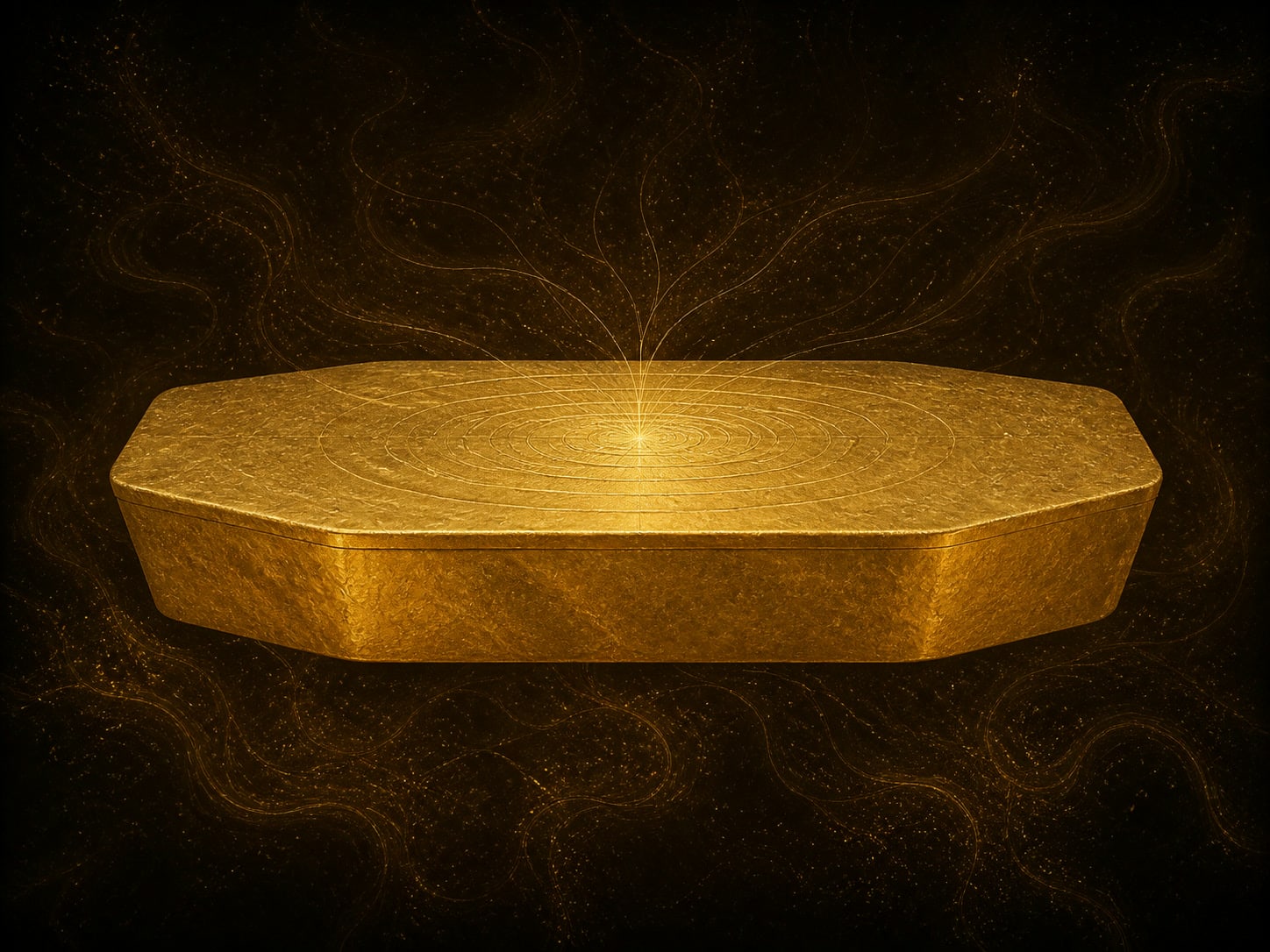 A flat elongated gold slab with eight sides and a fine plume rising above it.