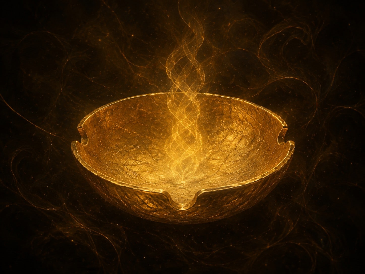 A shallow gold serving bowl with an empty braided steam shape and three small marks around its rim floats in dark haze.