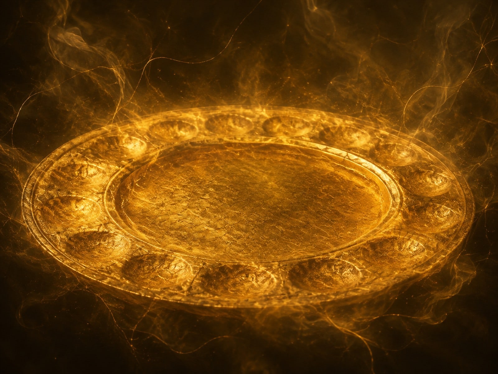 An empty gold serving platter with shallow rim impressions floats in a dark hazy space.