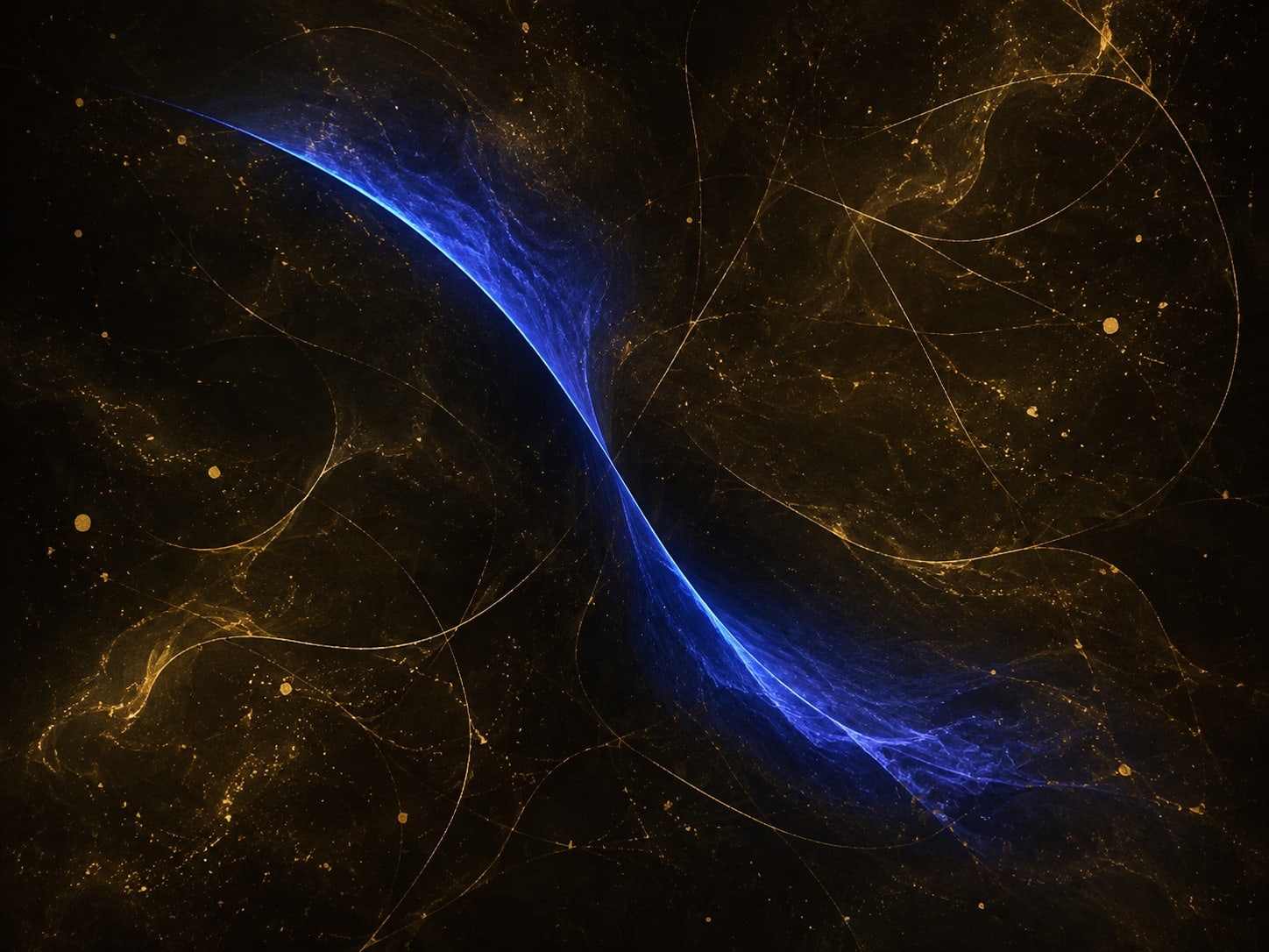 Two deep blue bands overlap and separate in a hazy near-black field with gold dust.