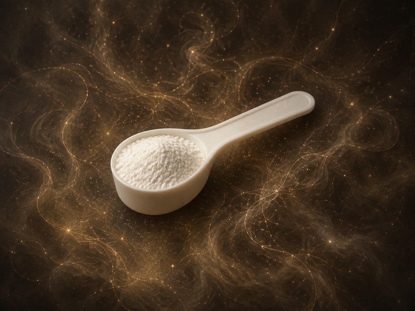 A plain white scoop filled with white powder rests alone in a dark hazy space.