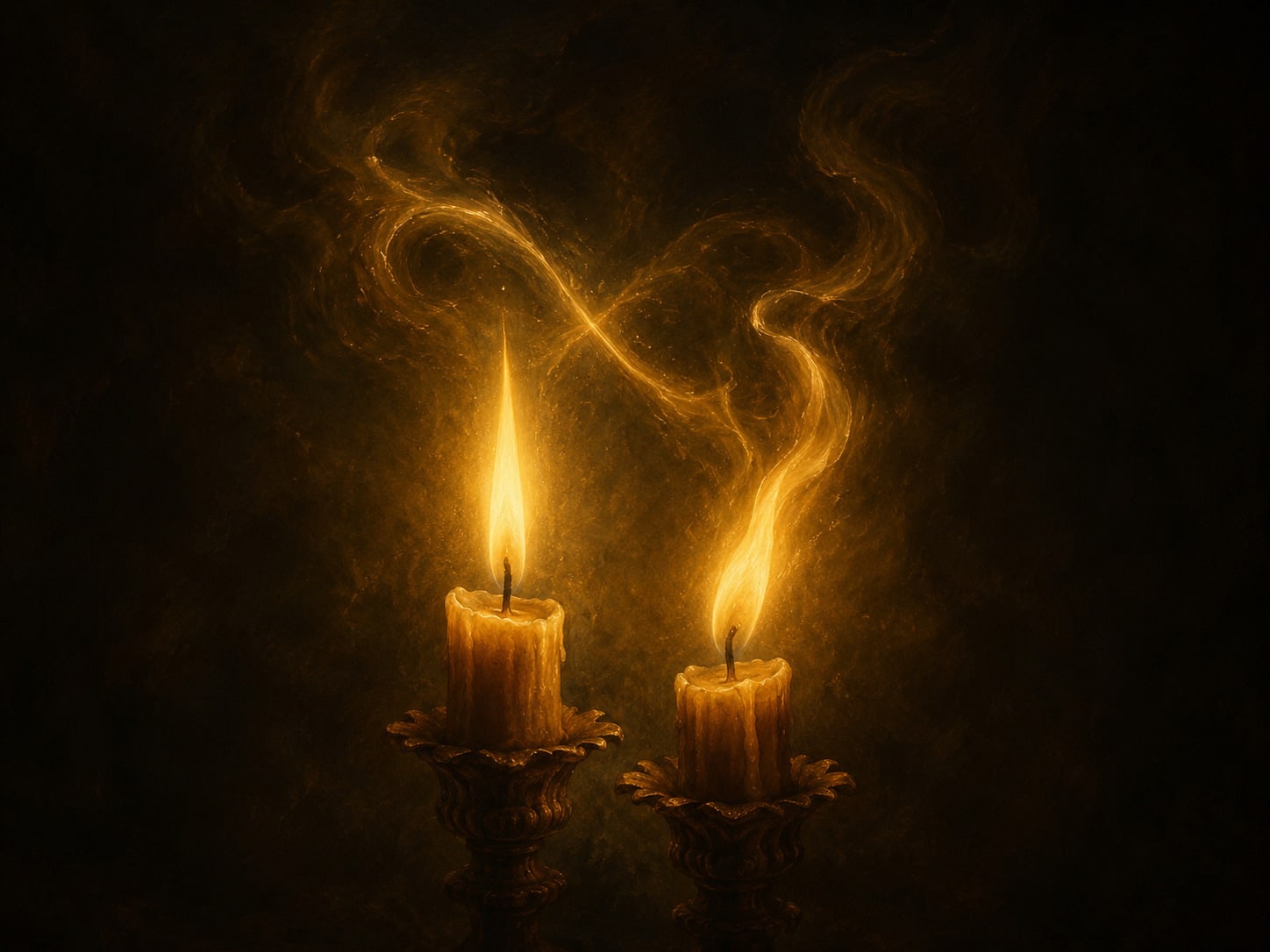 Two gold candle flames close together, one steady, one guttering.