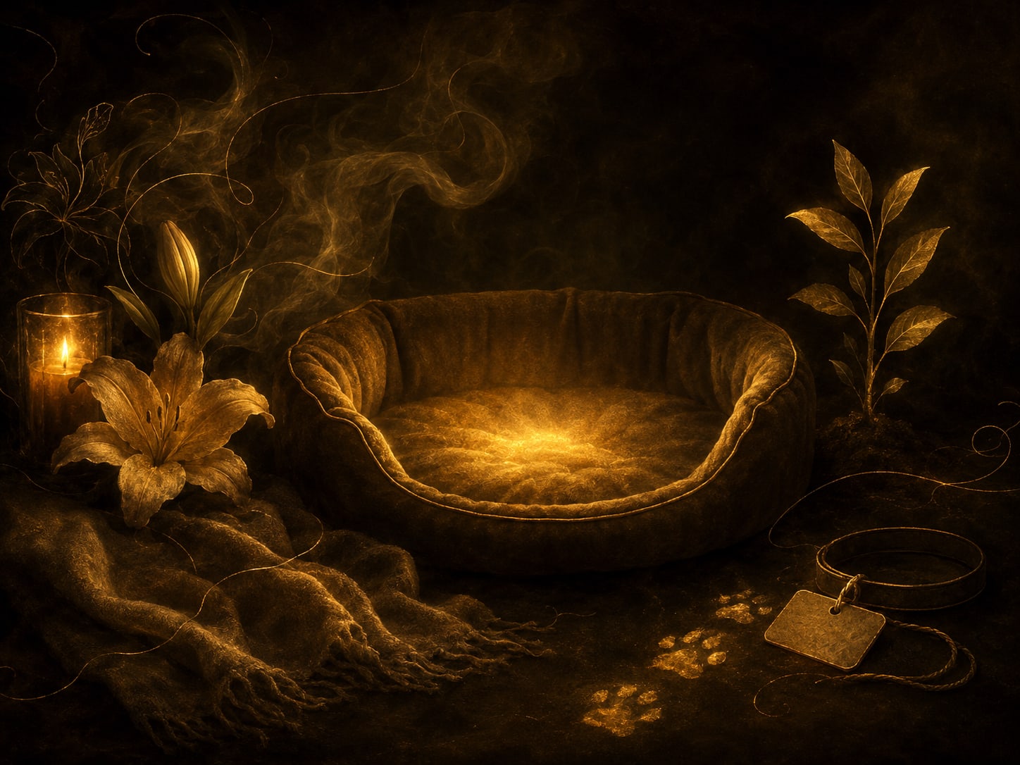 A rounded empty pet bed holding a soft warm glow at its center.