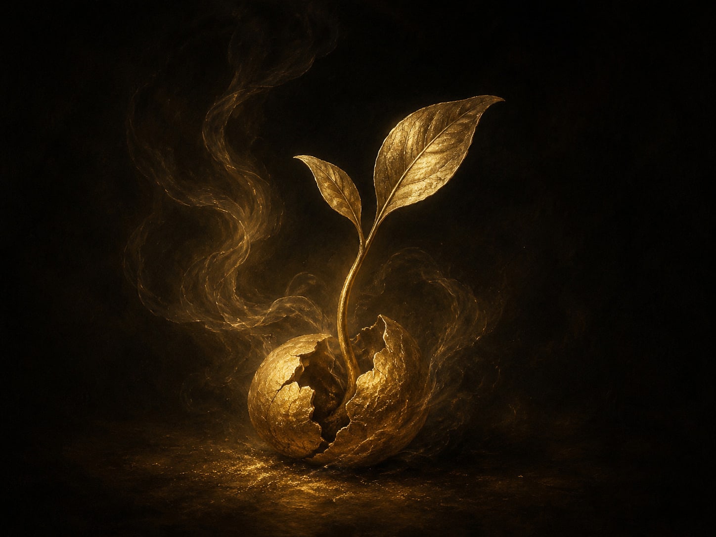 A young gold sprout emerging from a cracked gold seed.