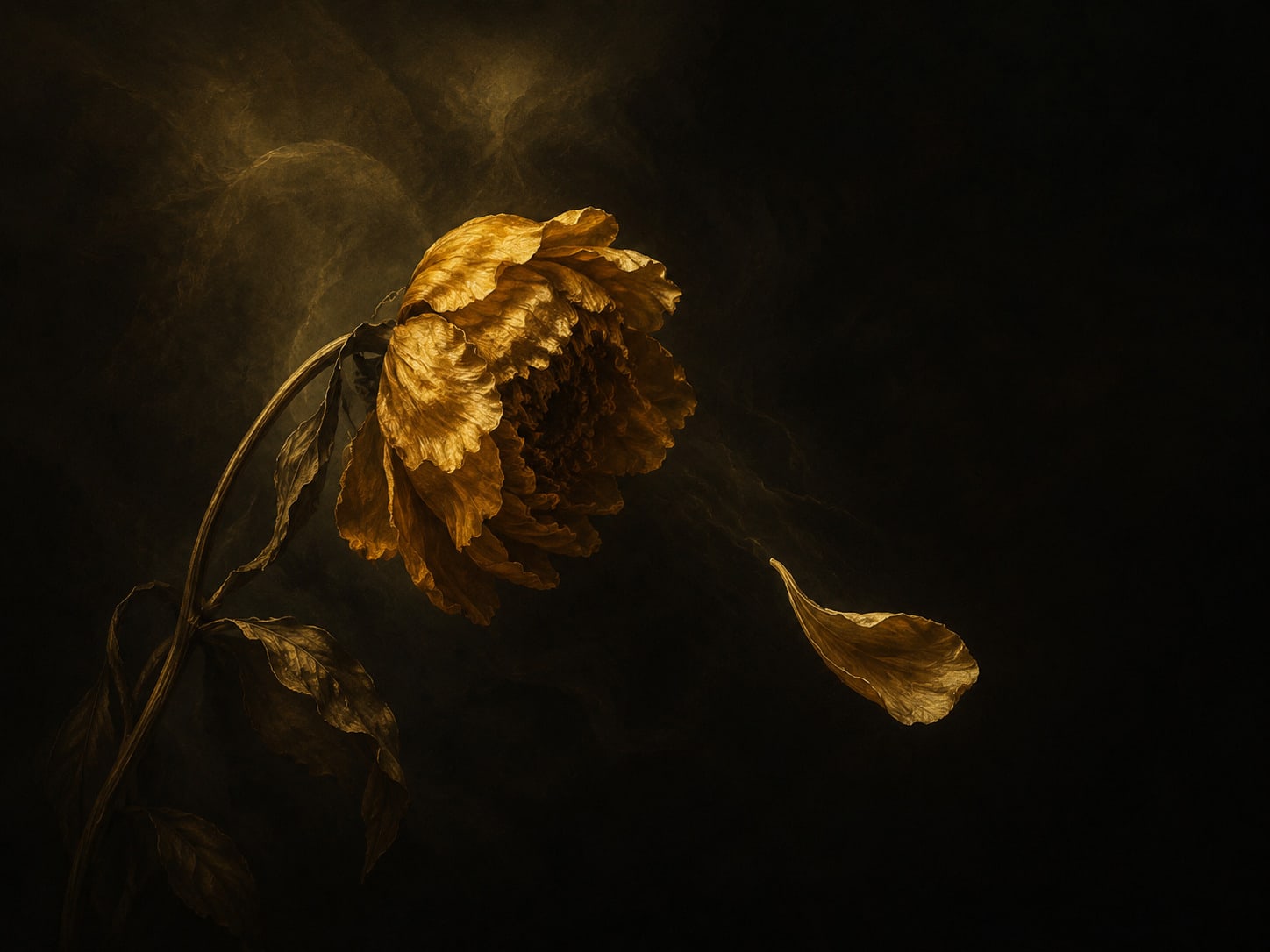 A wilting gold flower releasing a single petal into the dark.
