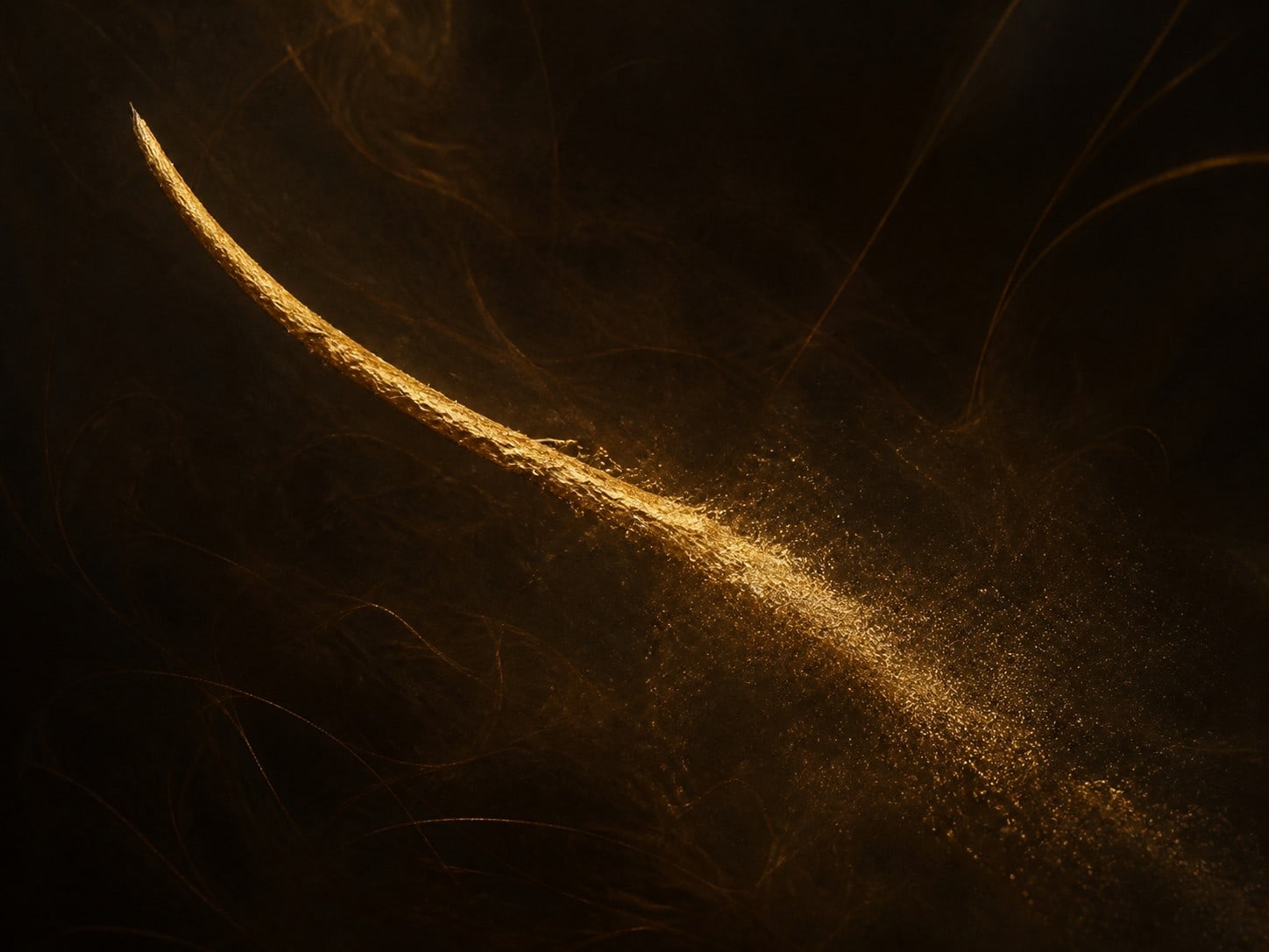 A long tapering gold strand that breaks apart into scattered particles at one end.
