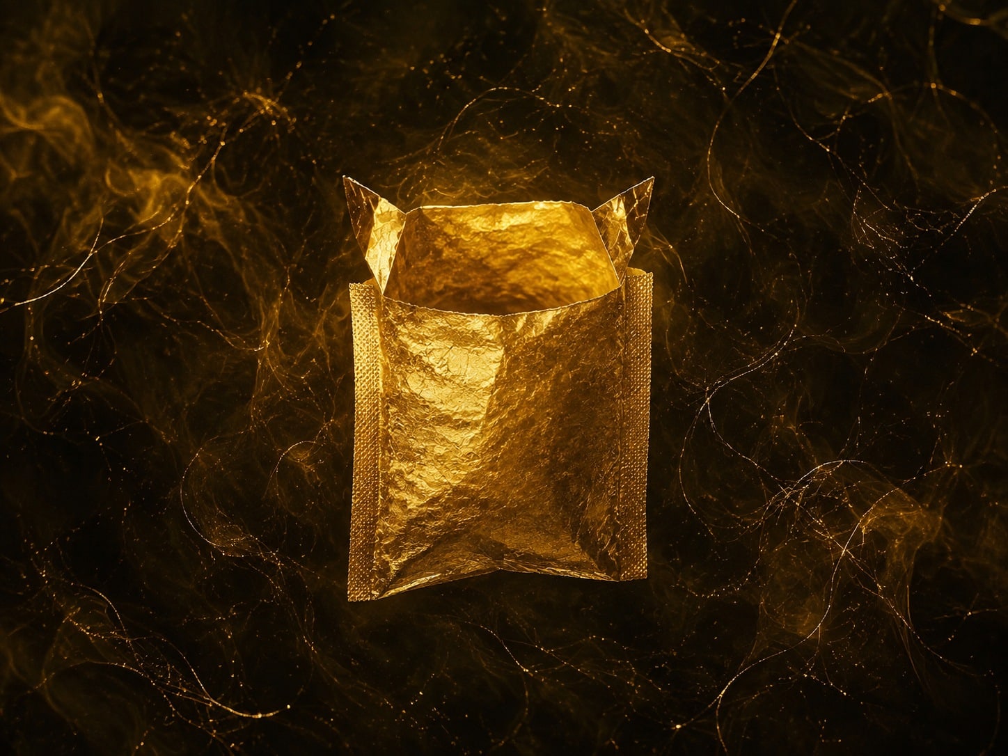An unmarked foil sachet of beaten gold, folded open and empty inside, floating in warm darkness with drifting gold particles.