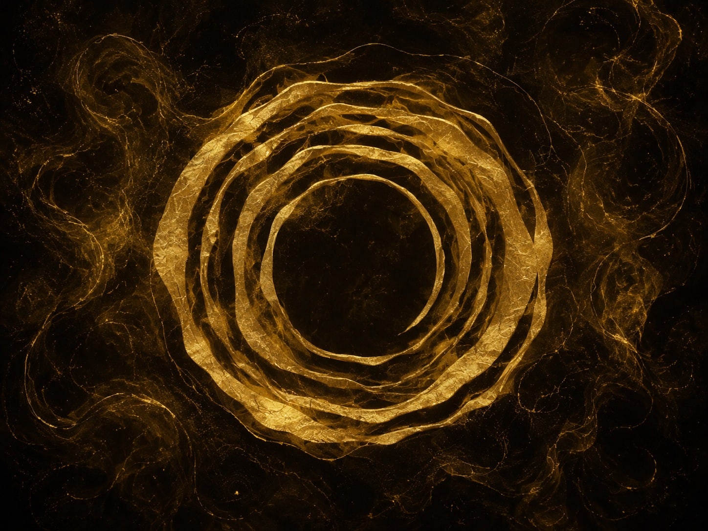 A ring of uneven concentric gold ripples with a hollow center, suspended in dark haze with scattered gold dust.