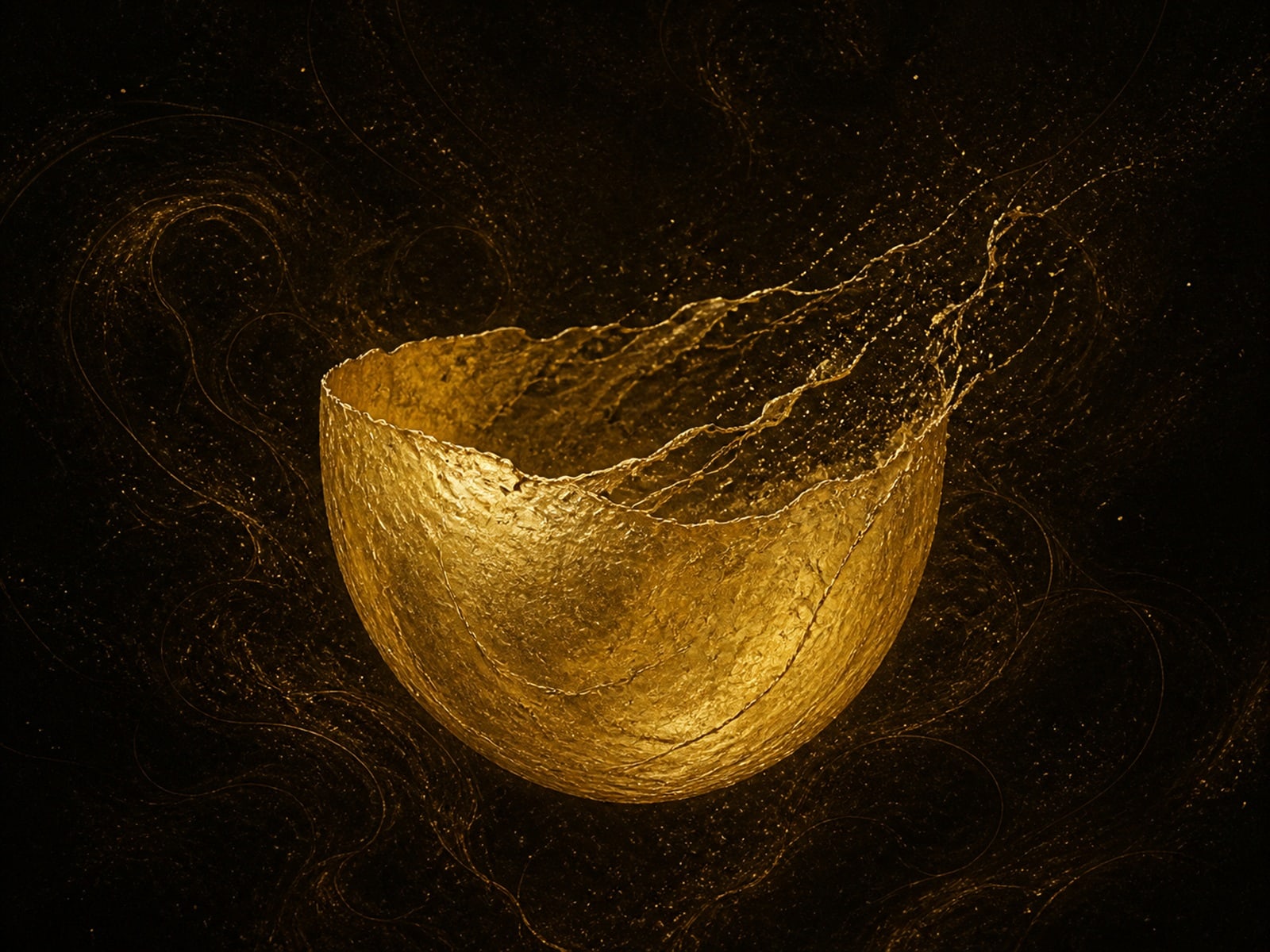 A hollow gold vessel with a ragged rim dissolves into fine gold threads in a dark hazy void.