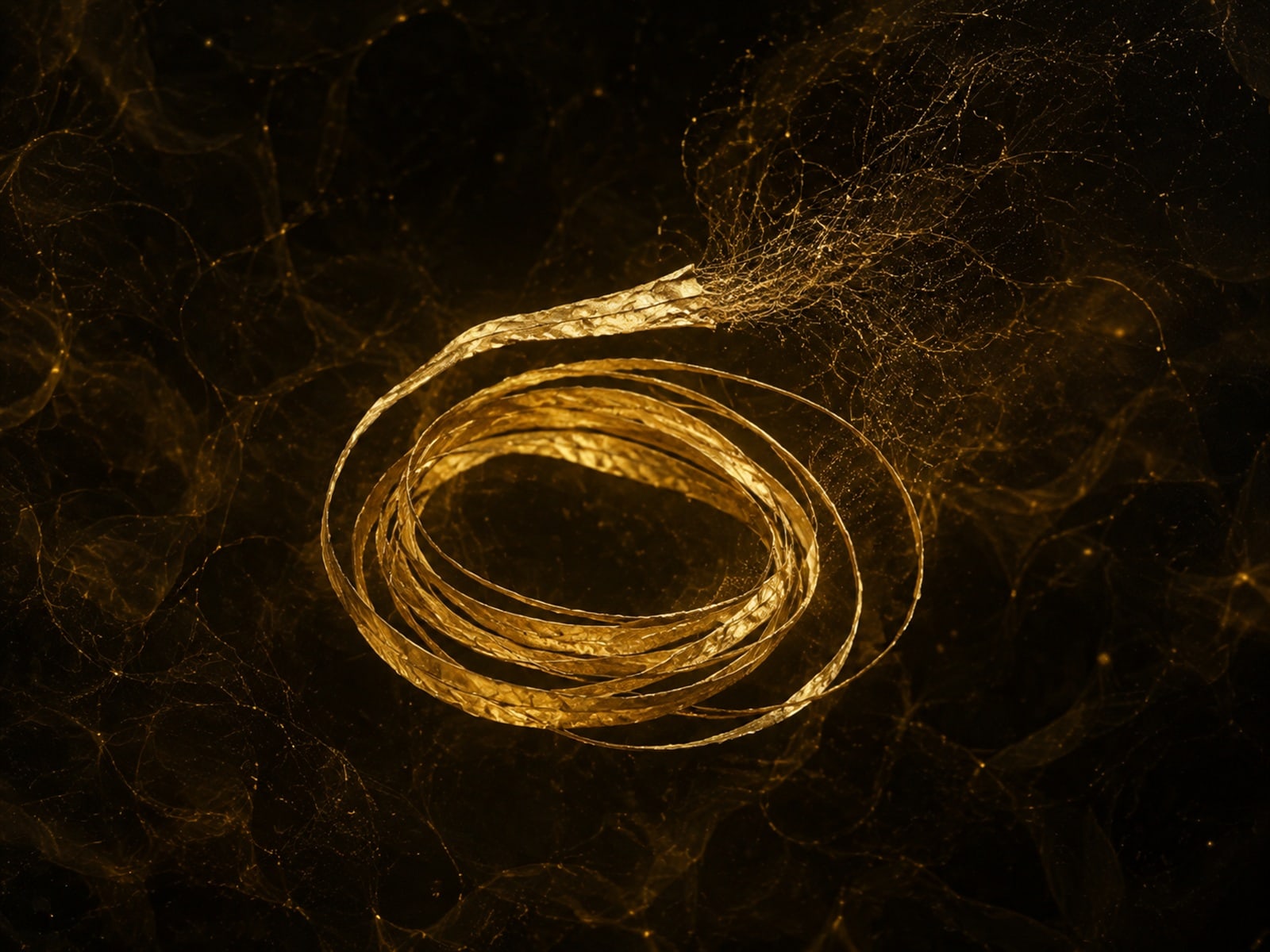 A loose coil of gold thread unravels into wispy strands against a dark gold-flecked haze.