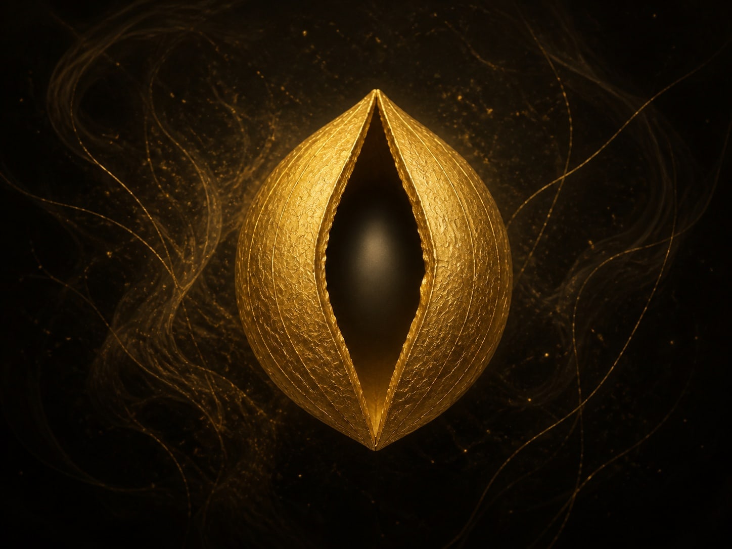 A small gold shell with a fine vertical opening and a dark hollow center floats in warm dark haze.