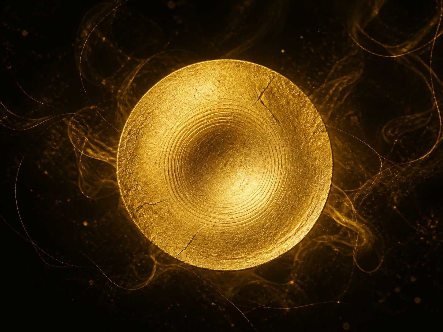 A glowing gold disc with a shallow circular depression floats in warm hazy darkness.