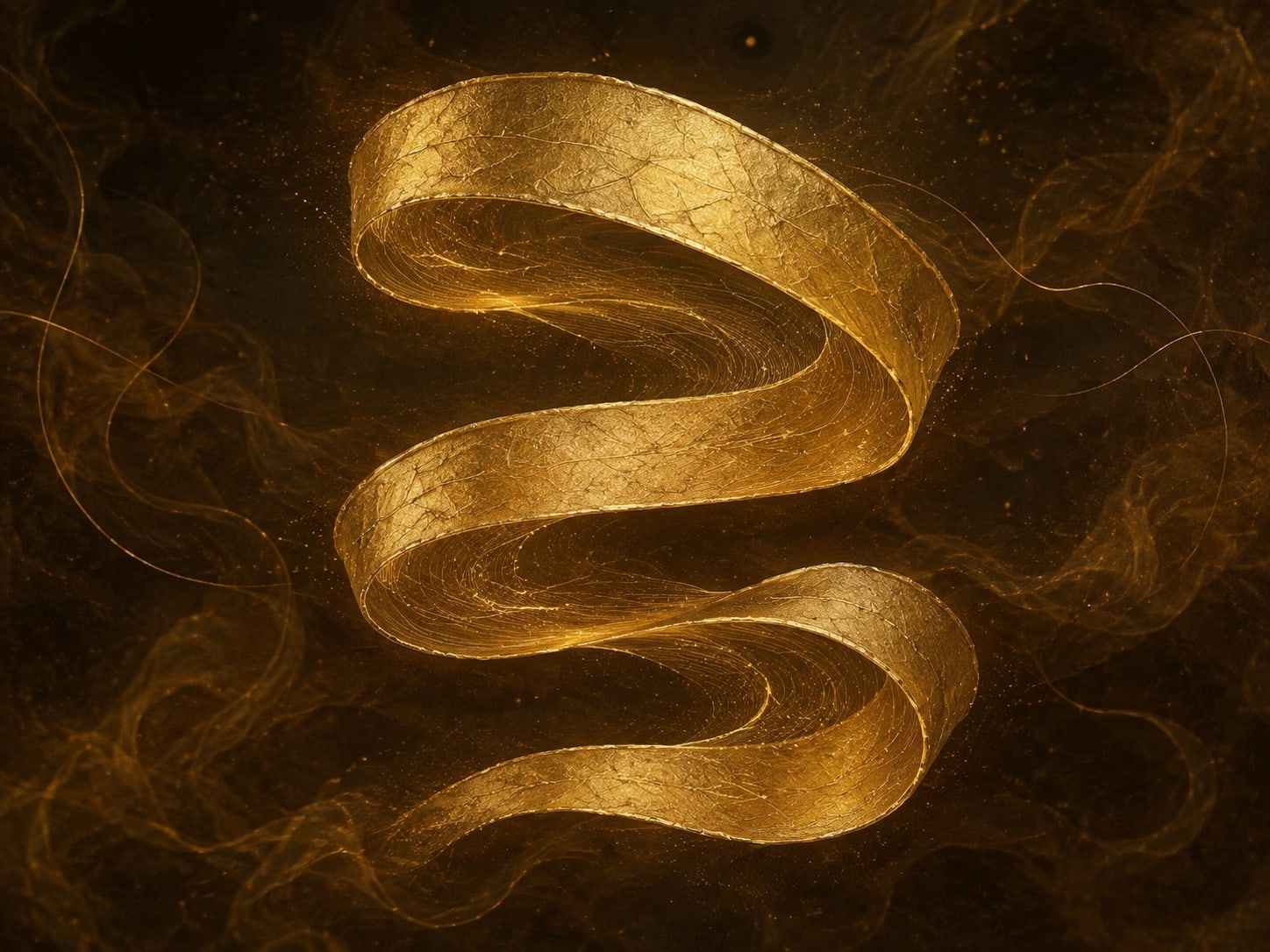 A single textured gold ribbon forms three nested waves in smoky near-black darkness.