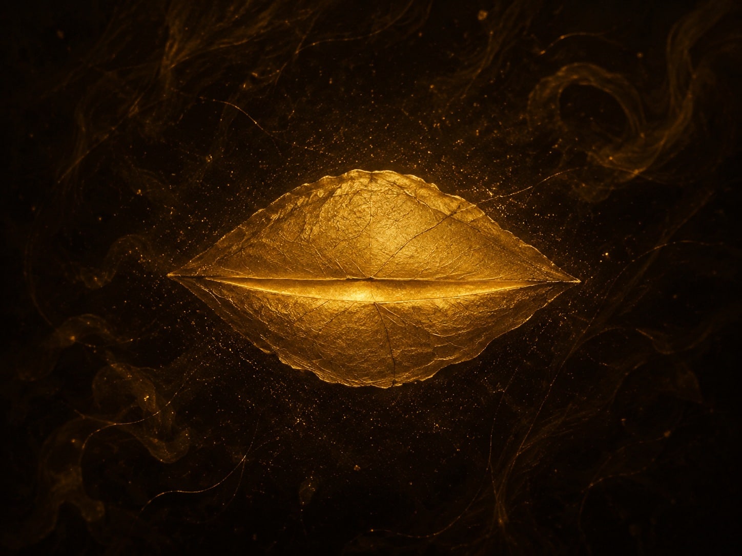 A closed gold seed pod with a fine bright center slit floats in smoky near-black darkness.