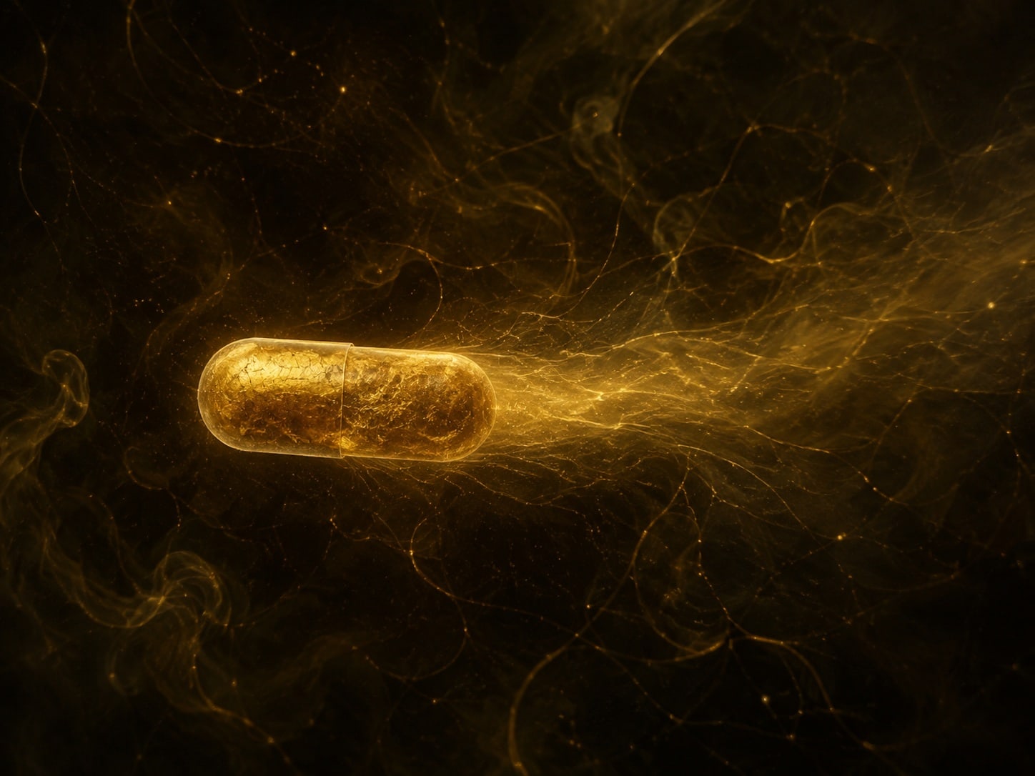 A single amber-gold capsule with a long soft gold trail floats in dark haze.