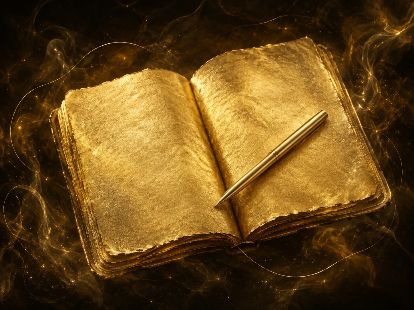 A blank open gold notebook and plain pen float together in a dark hazy field.