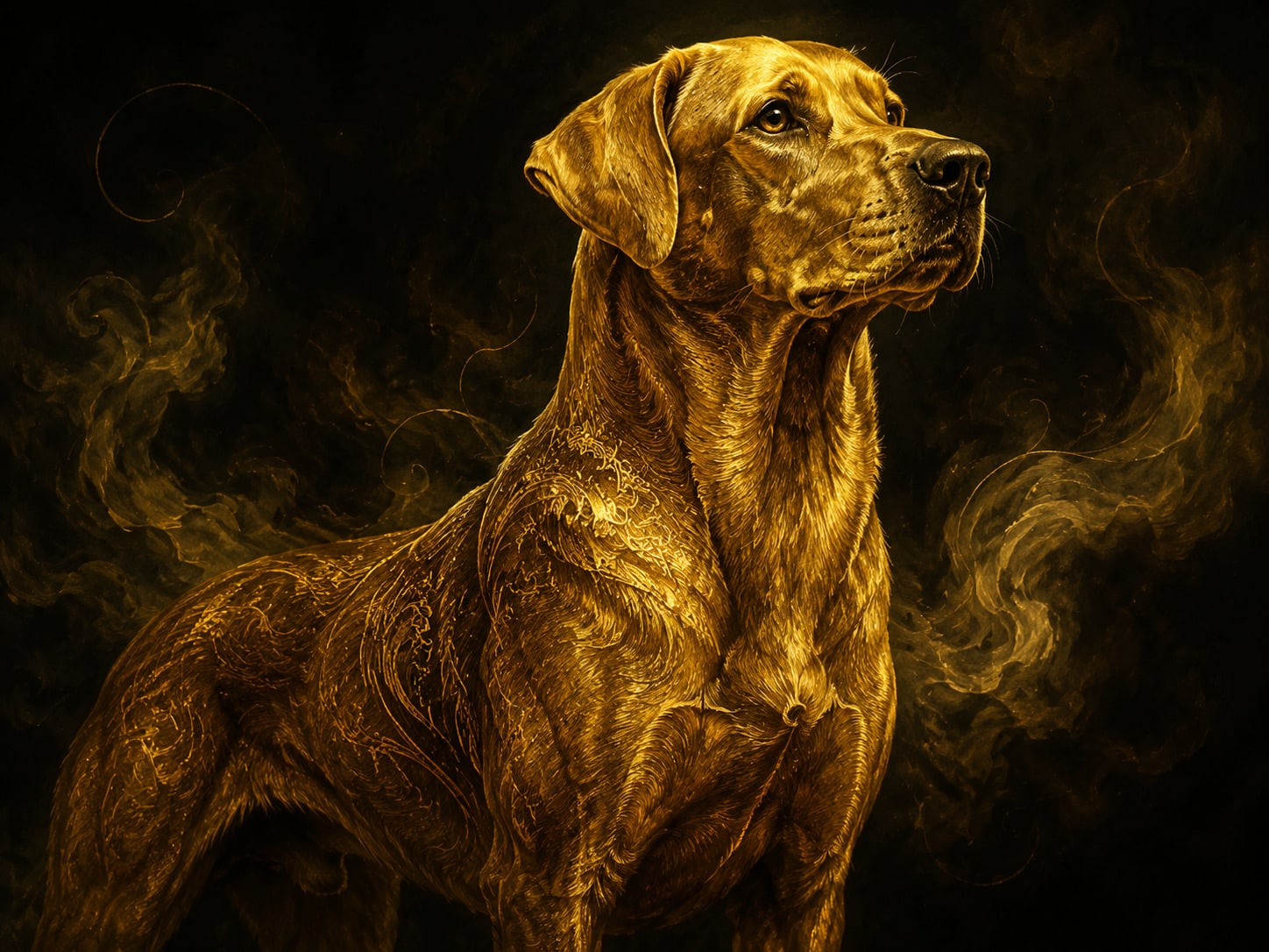 A gold dog standing alert in a protective stance.