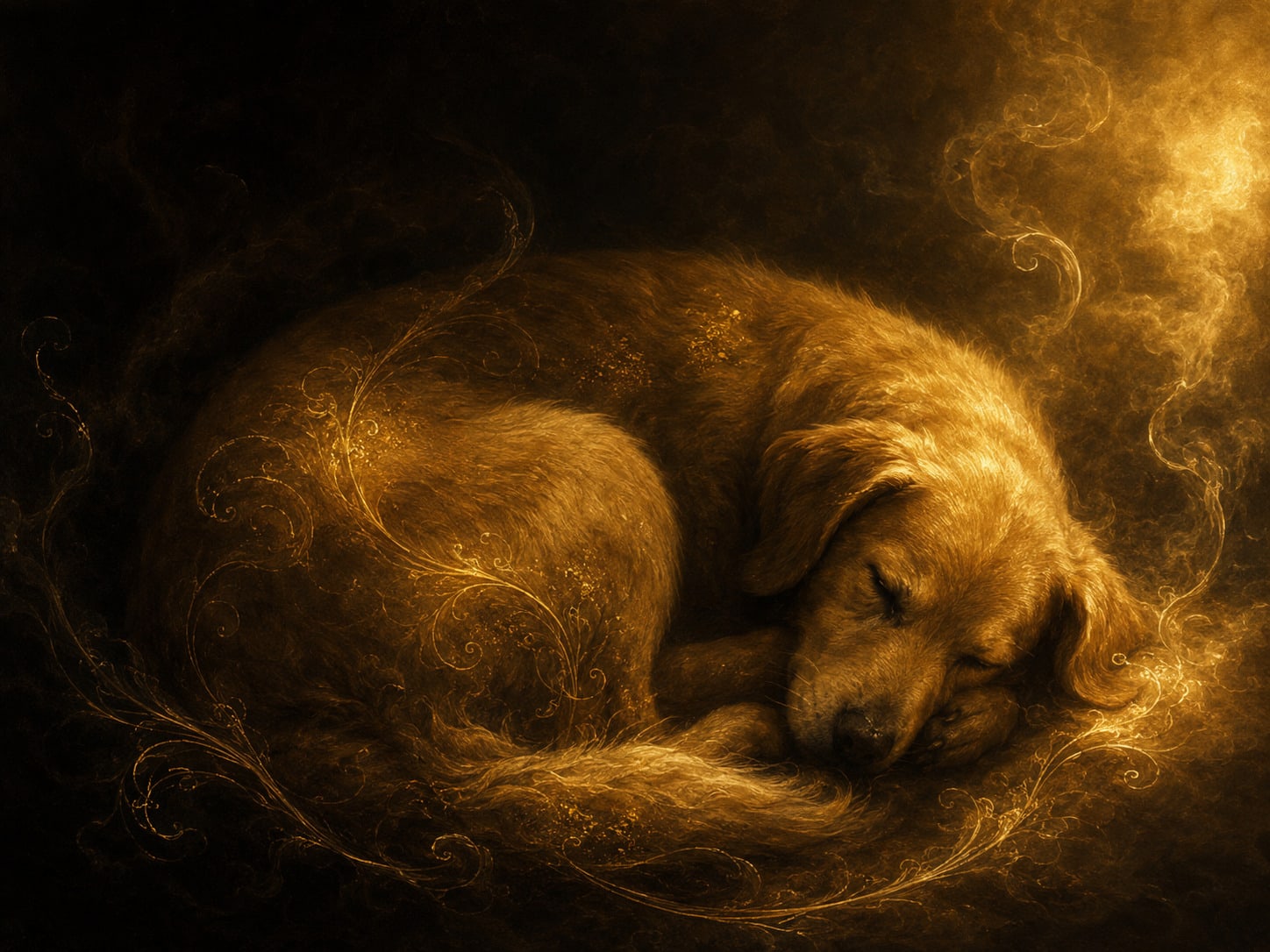 A gold dog curled asleep at the edge of the light.