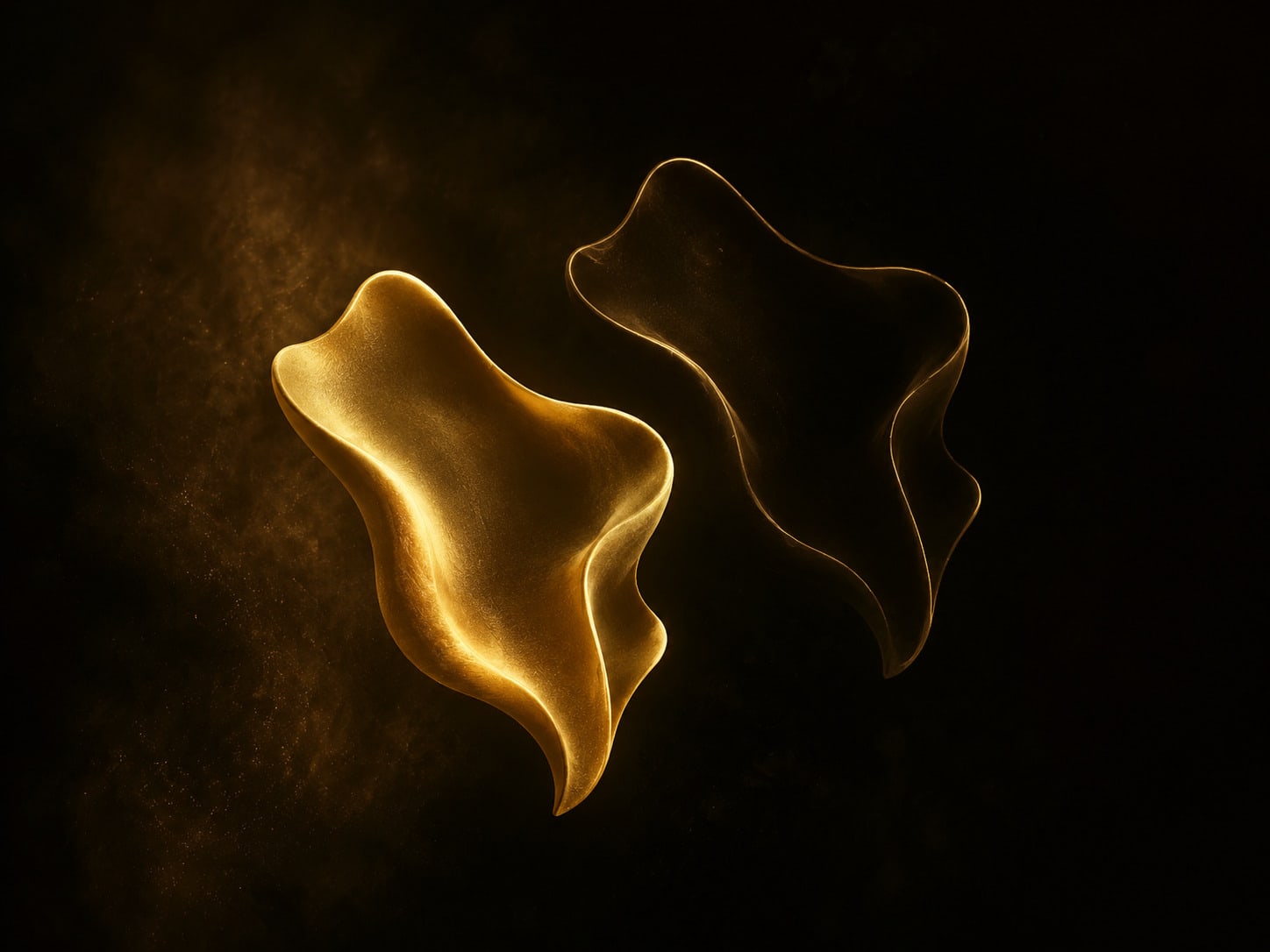 A solid gold abstract form with a faint hollow duplicate of its own outline shifted to one side, a narrow band of darkness between them.