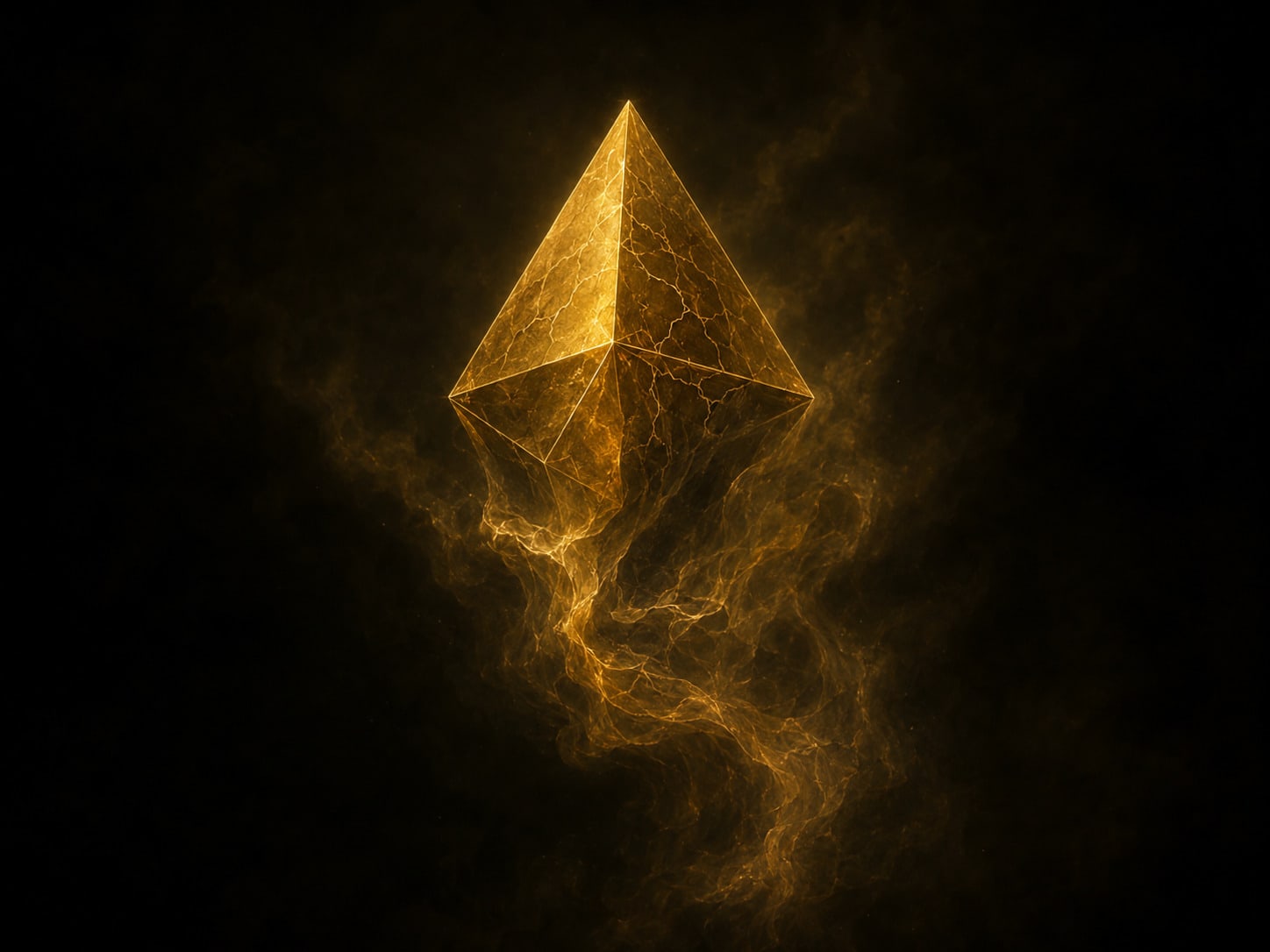 An abstract gold form whose upper part is a clean solid geometry and whose lower part breaks into drifting particulate gathering into a different shape.