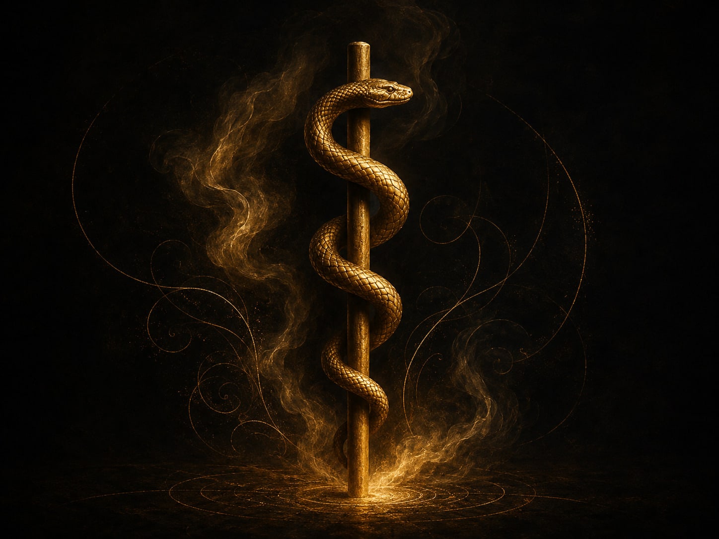 A gold serpent coiled around a plain upright rod.