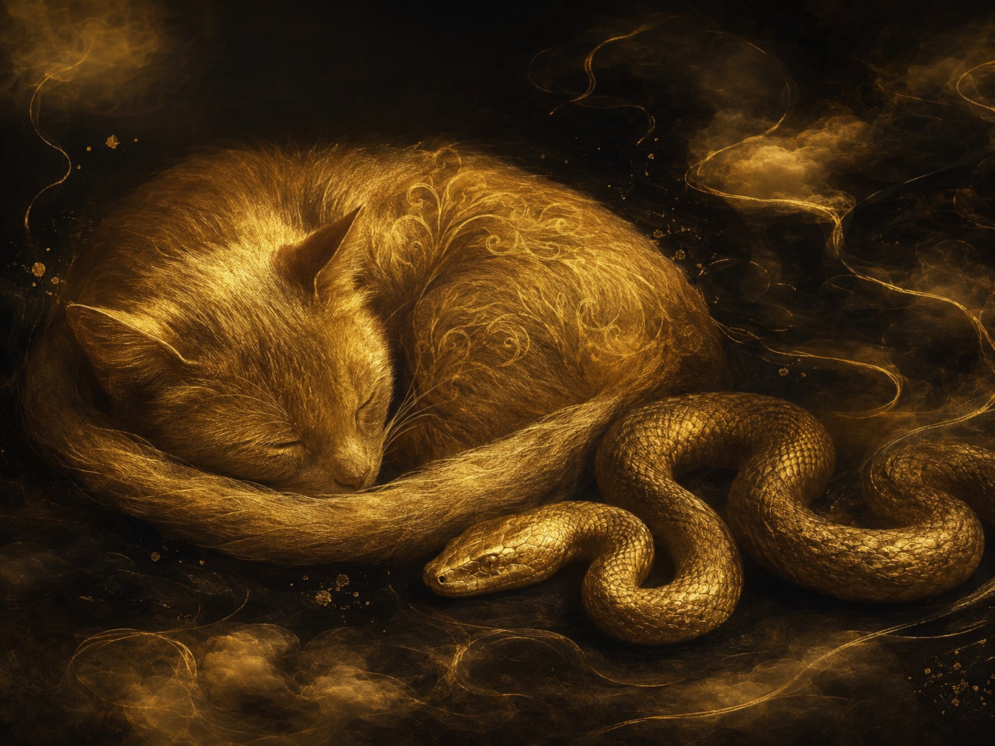 A gold cat resting curled while a serpent lies calmly nearby.