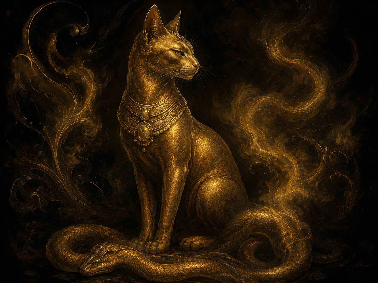 A regal seated gold cat with a subdued serpent low before it.