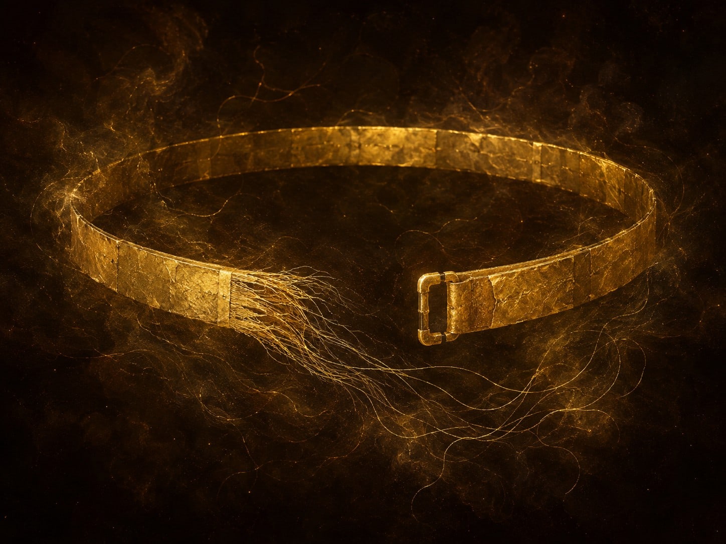 An open circular gold waistband with frayed ends floats in dark haze.