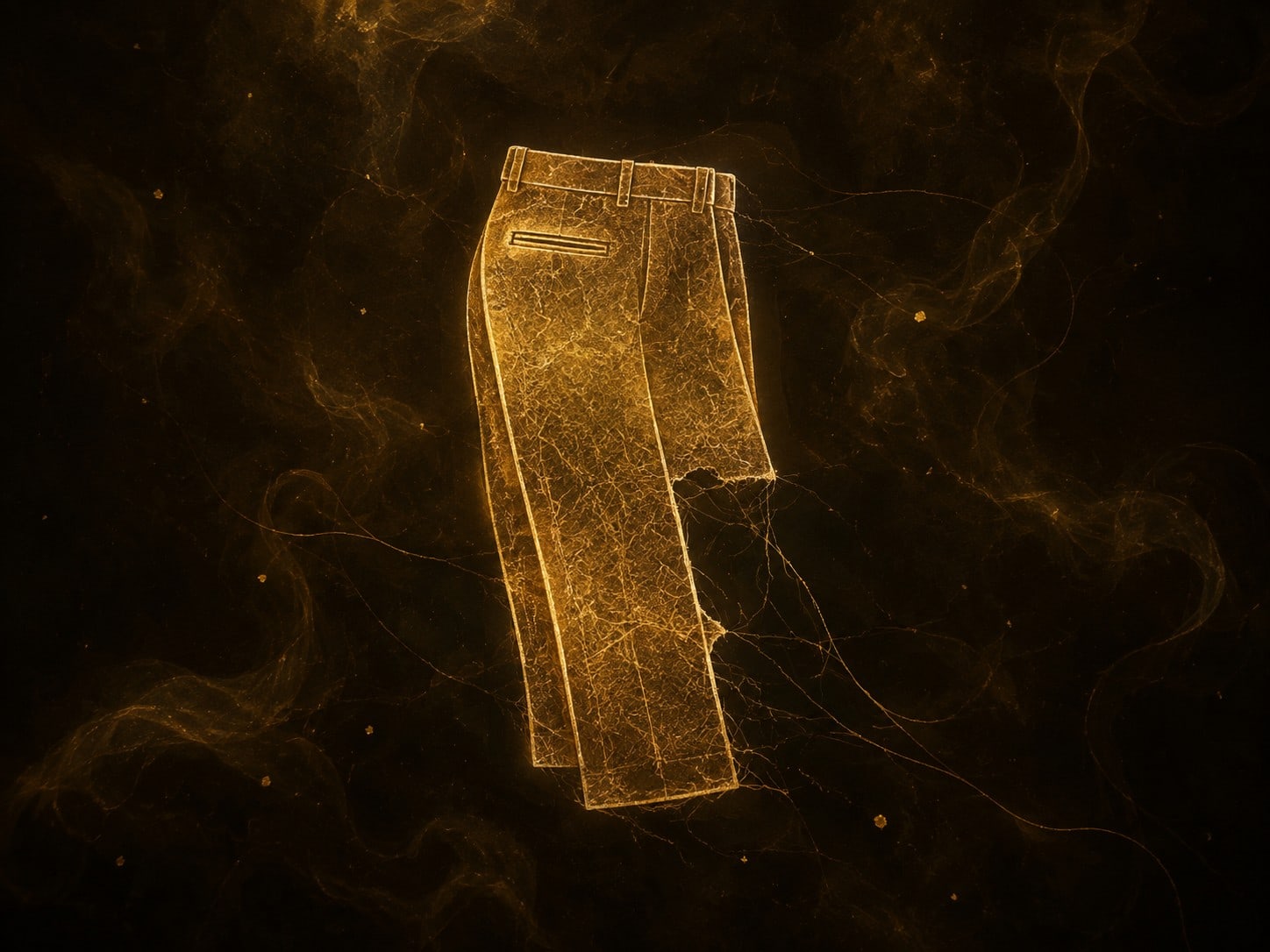 A thin gold trouser silhouette with a missing section in one leg floats in a dark hazy space.