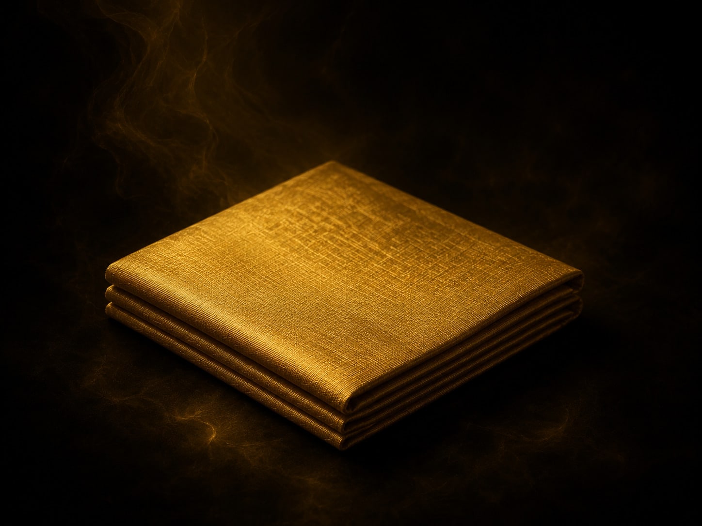 A neatly folded rectangle of gold cloth resting on nothing in deep darkness, its creases sharp and its weave visible.
