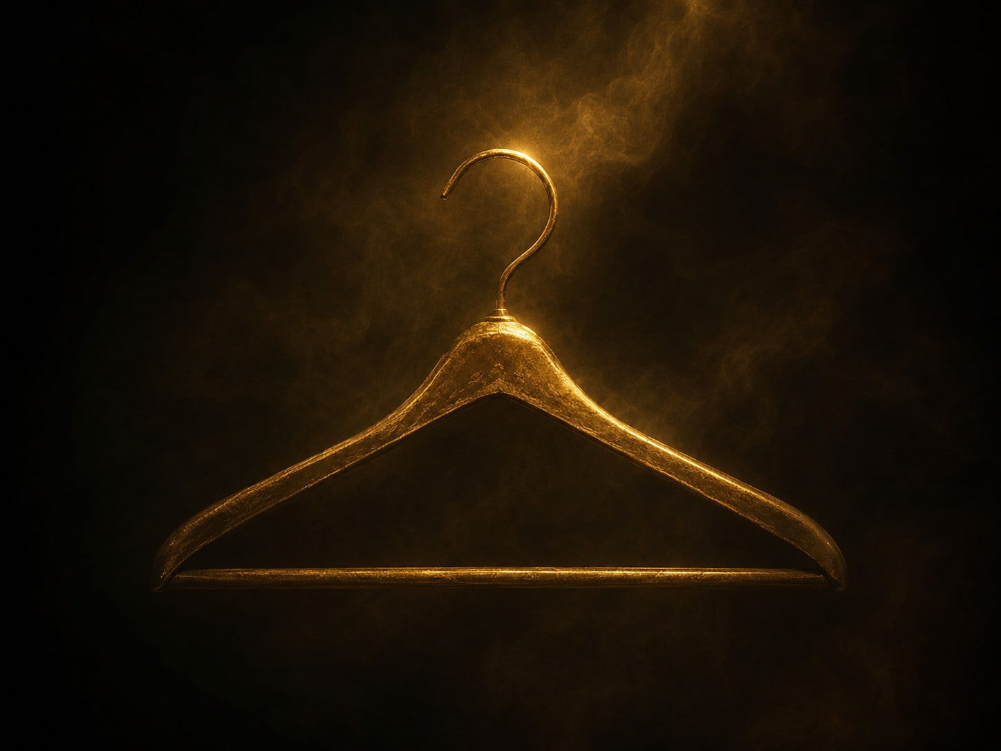 A single empty gold hanger suspended in darkness, its curve catching a faint light, with nothing on it.