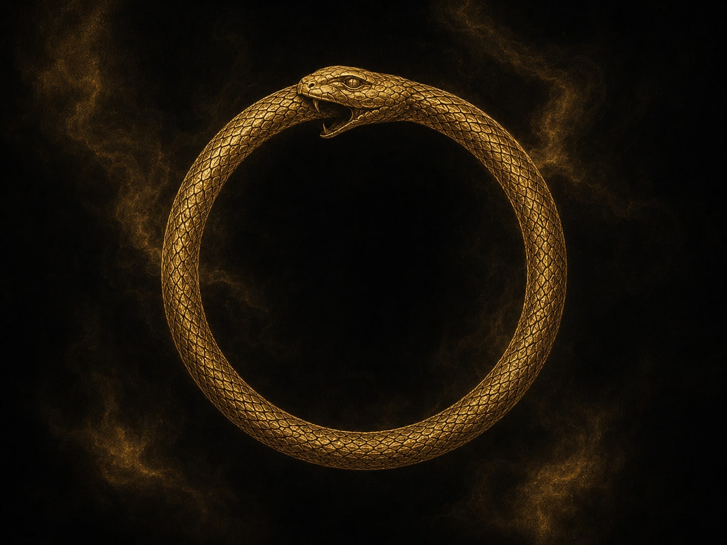 A gold serpent eating its own tail in a perfect ring.