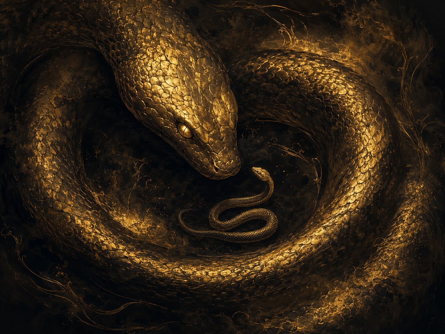 A massive gold serpent coiled around a much smaller serpent.