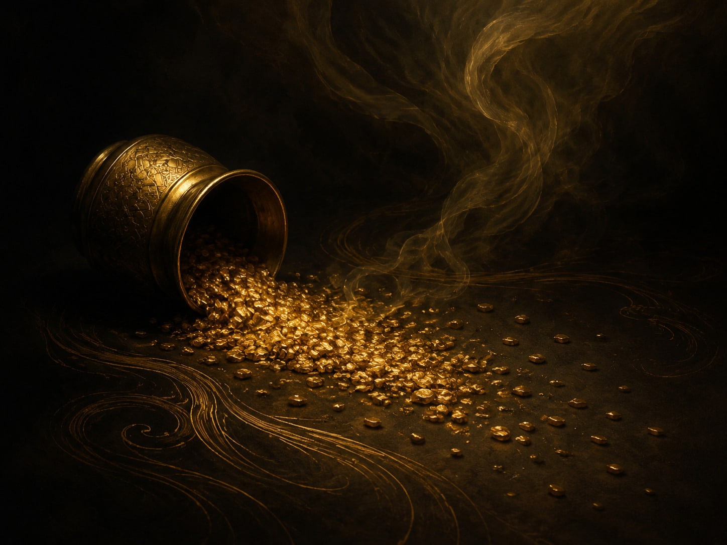 A tipped gold vessel spilling a scatter of grains across the dark.