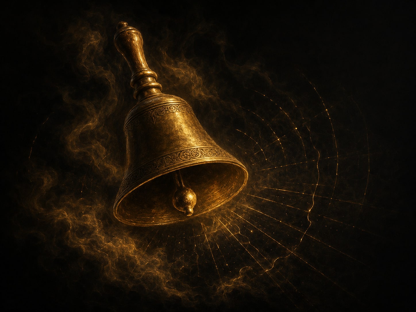 A gold hand bell caught mid-ring, sound lines radiating out.