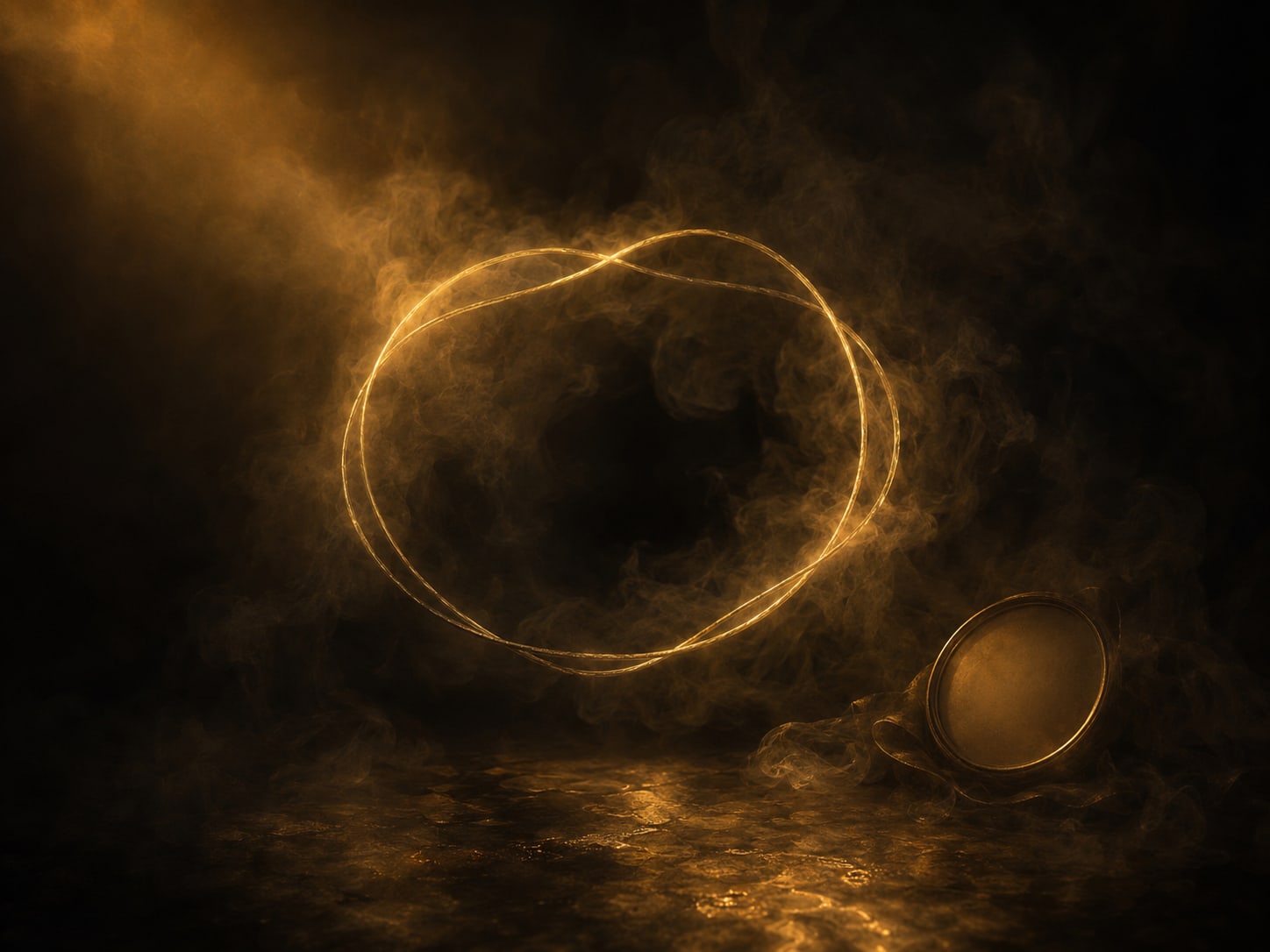 A fine loop of gold light closing back on itself in drifting smoke.