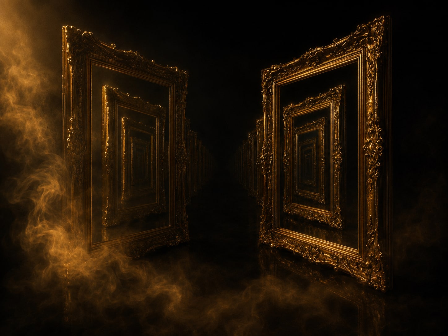 Two facing gold frames throwing a repeating reflection that shrinks away into depth.