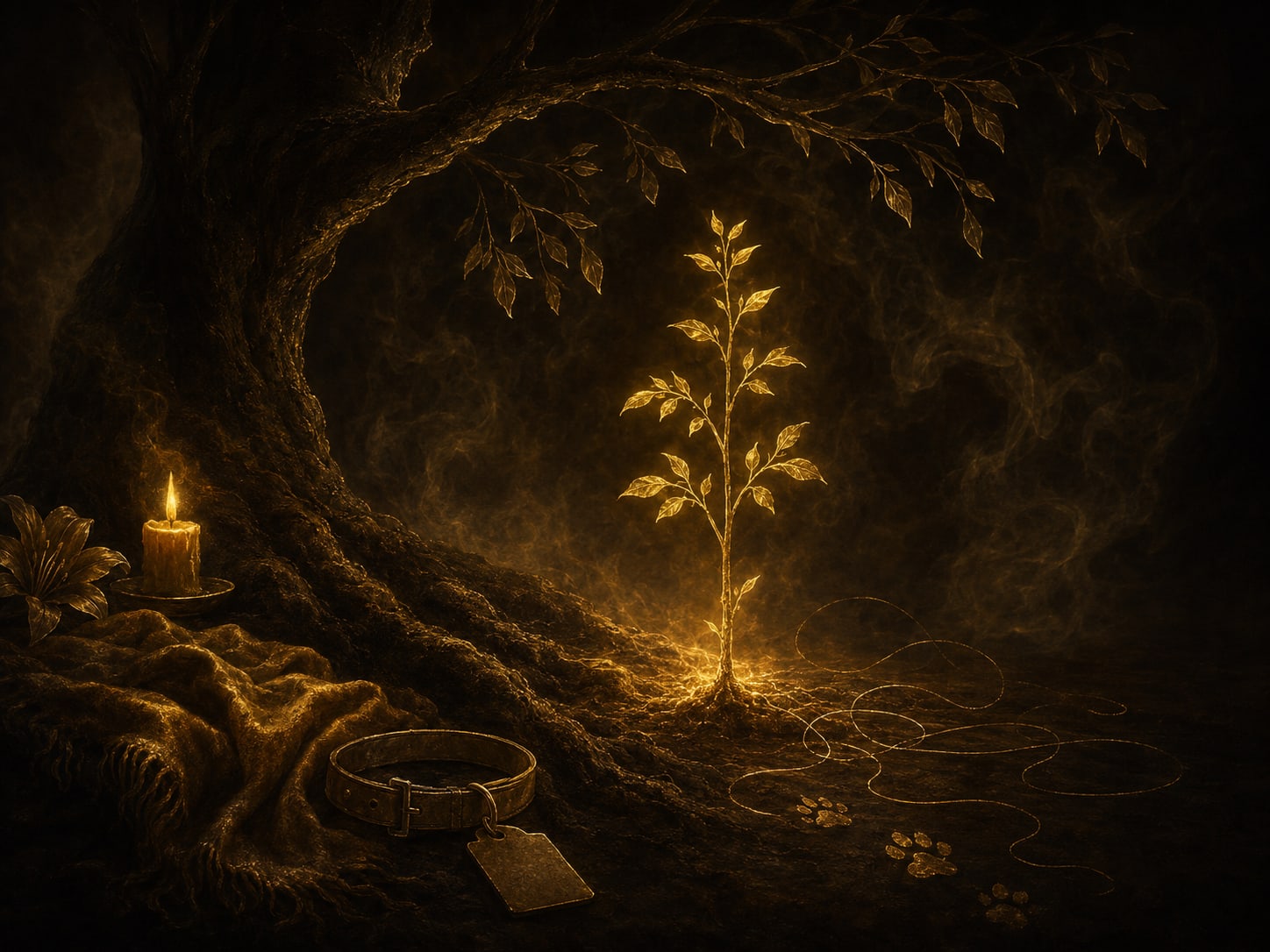 A slender gold sapling rising in the shelter of a great dark bough.
