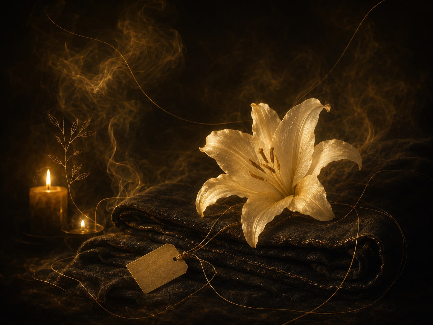 One white gold lily resting on folded dark cloth, its petals lit in warm gold.