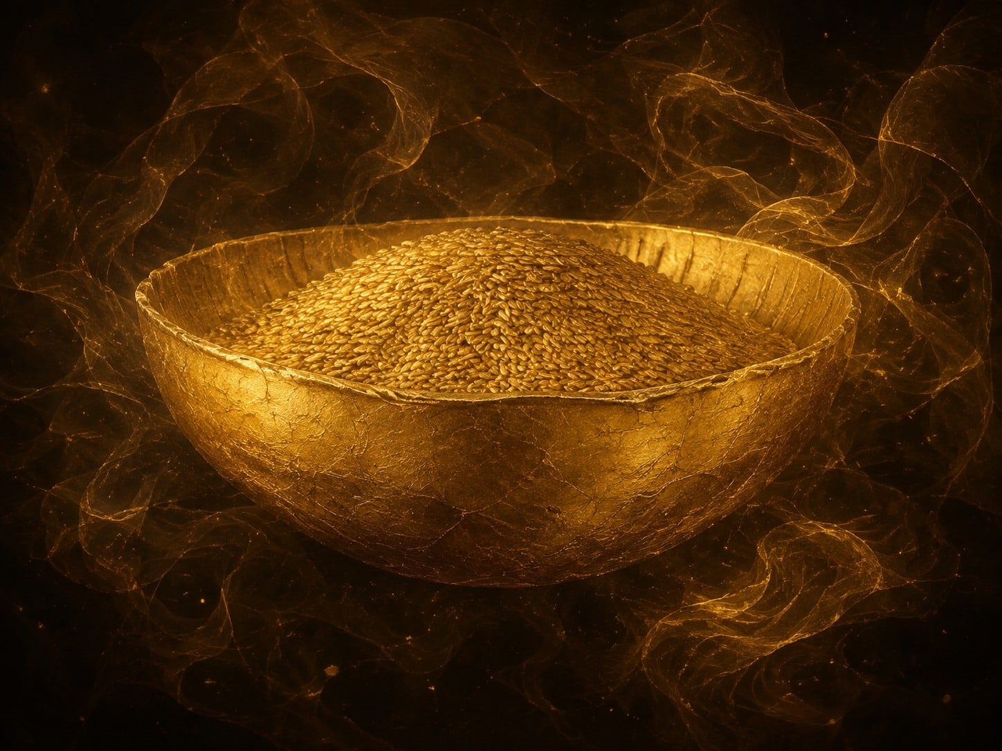 A shallow luminous gold bowl filled with grain floats in a warm dark haze.