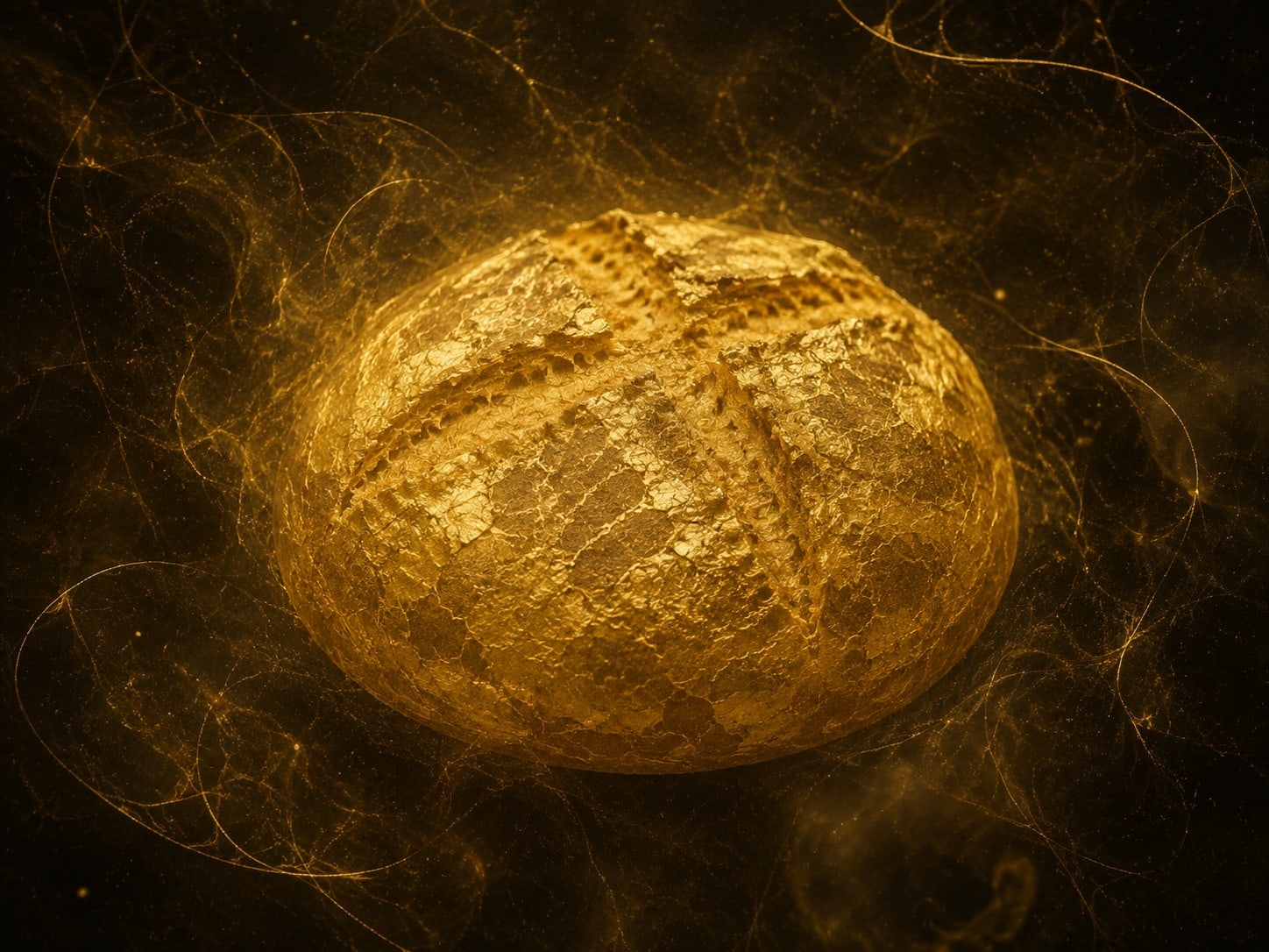 A whole luminous gold loaf of bread floats in a warm dark haze.
