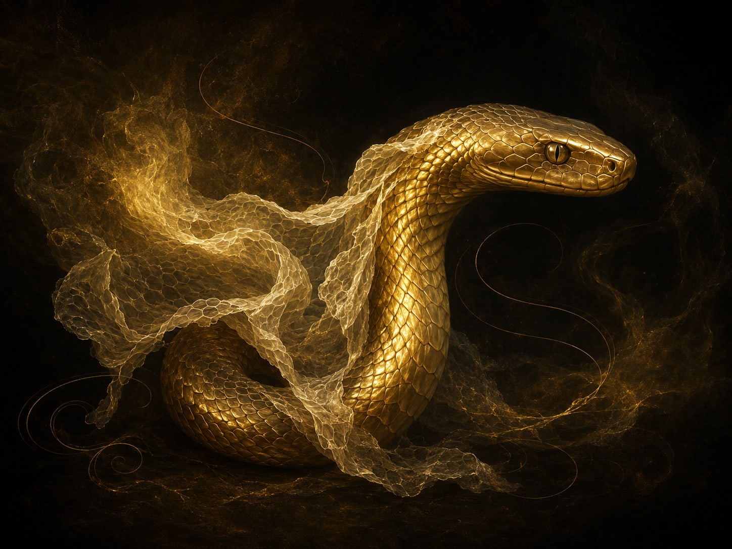 A gold serpent shedding its skin as a new form emerges.