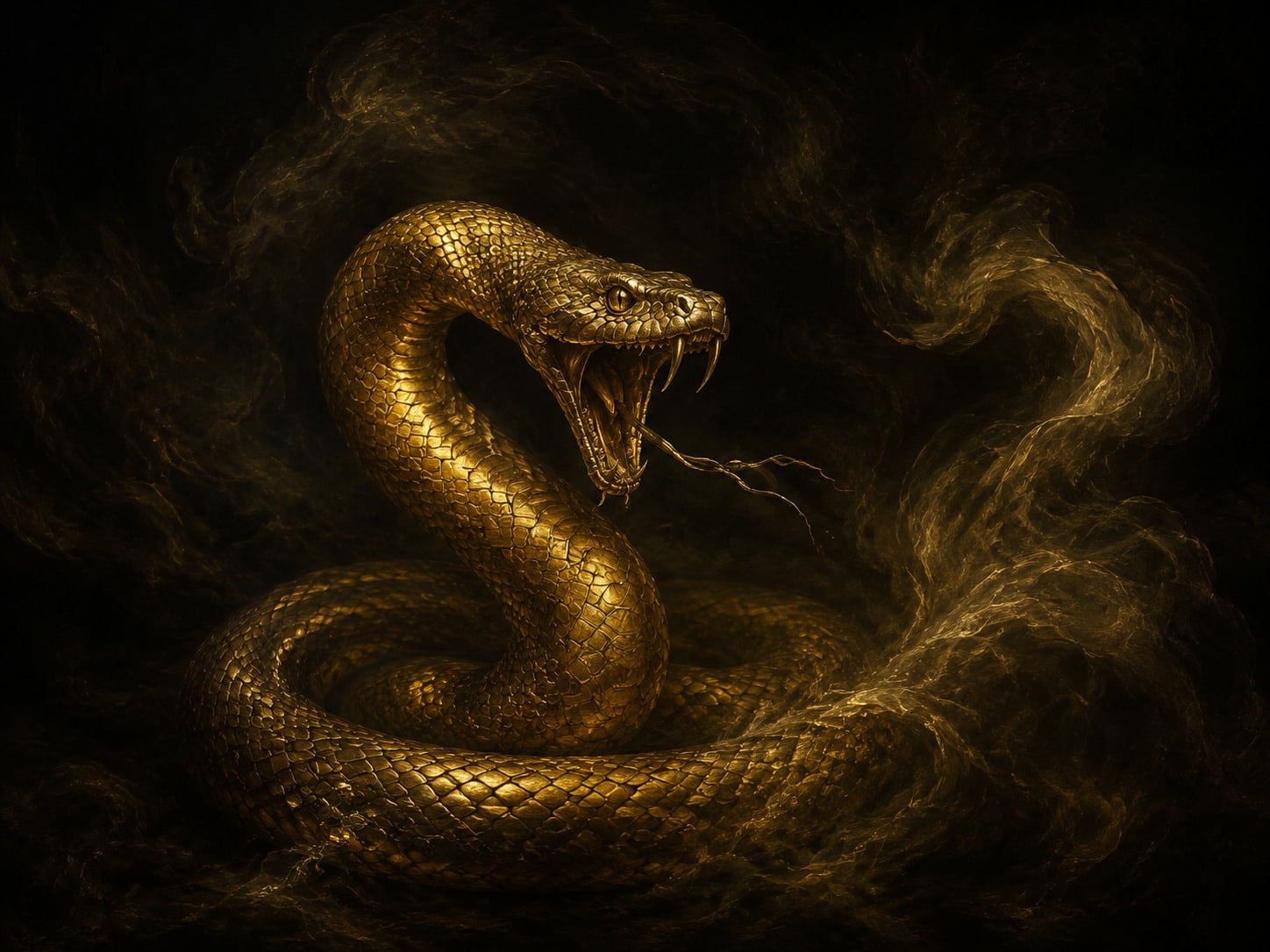 A gold serpent with its head raised mid-strike.