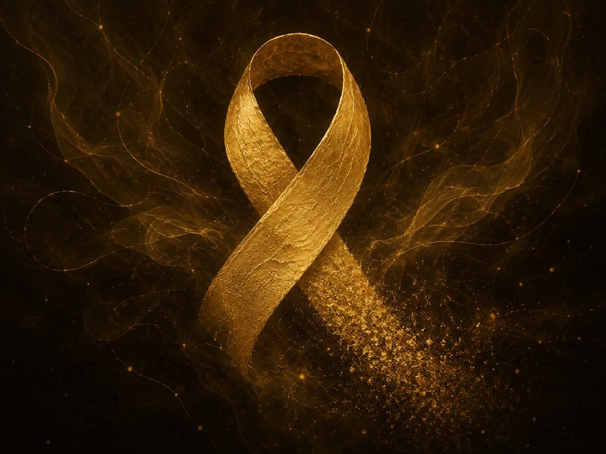 A luminous gold ribbon loop with a lower edge dissolving into fine gold dust in a dark hazy background.