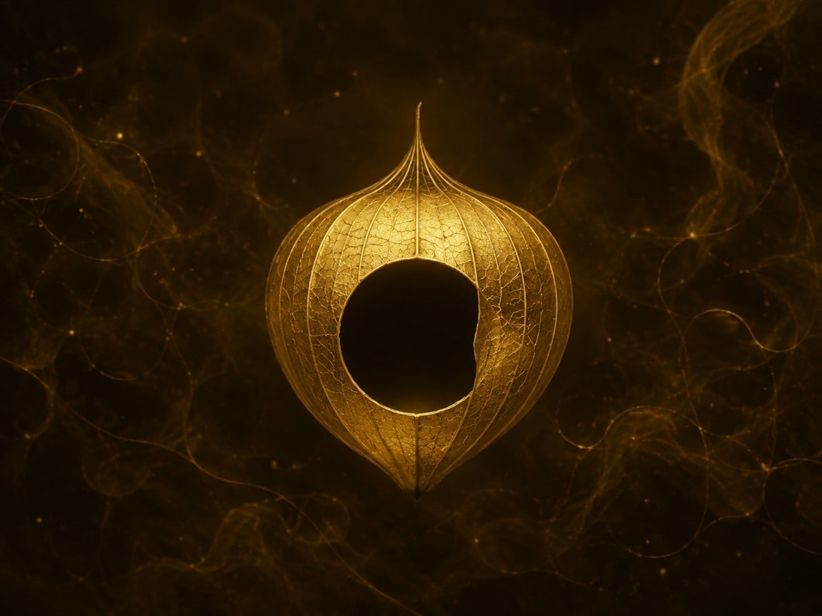 A small hollow gold lantern-shaped vessel with a dark circular opening floats in a hazy dark background.